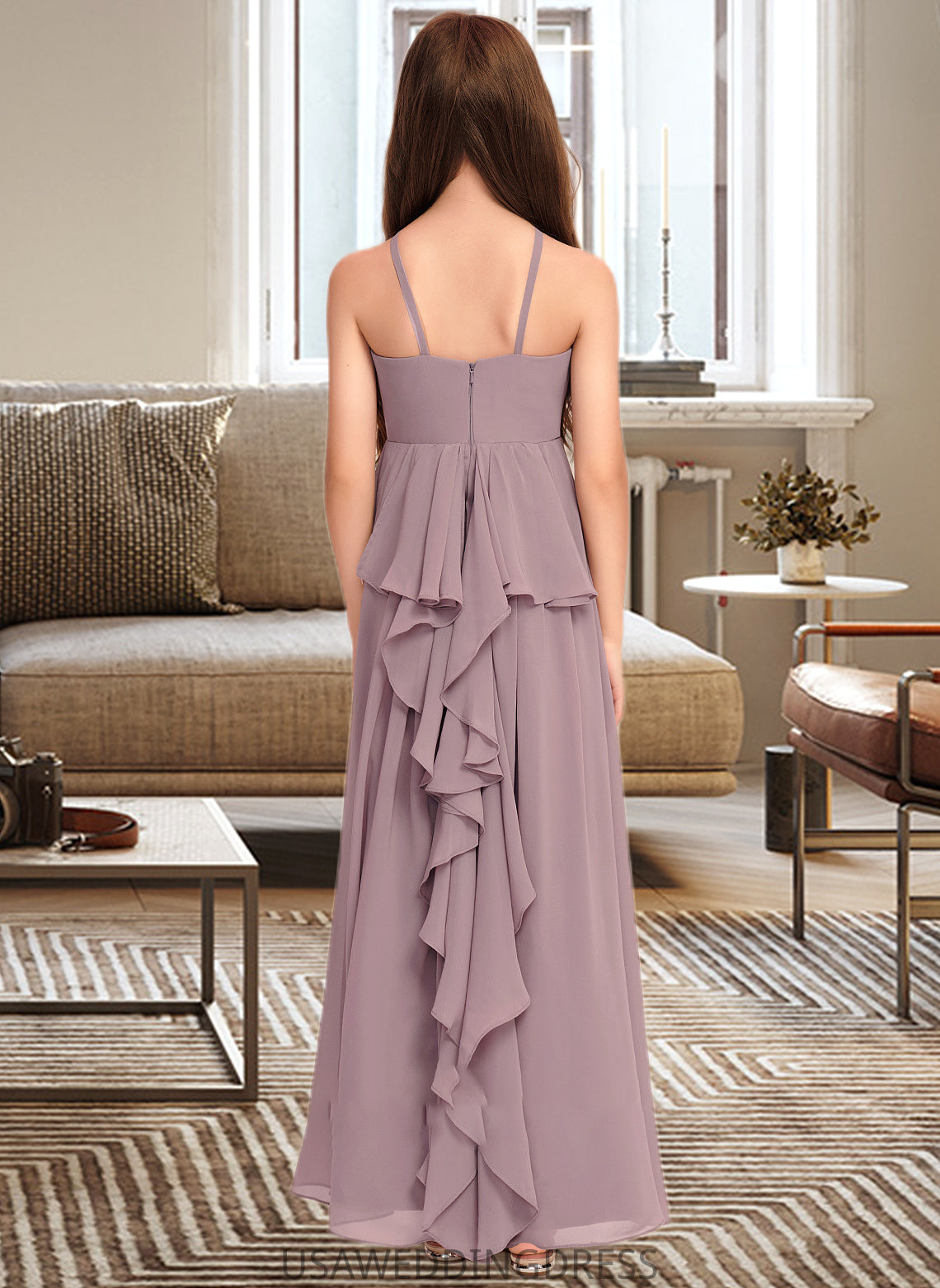 Carolina A-Line Scoop Neck Floor-Length Chiffon Junior Bridesmaid Dress With Cascading Ruffles DSP0013492