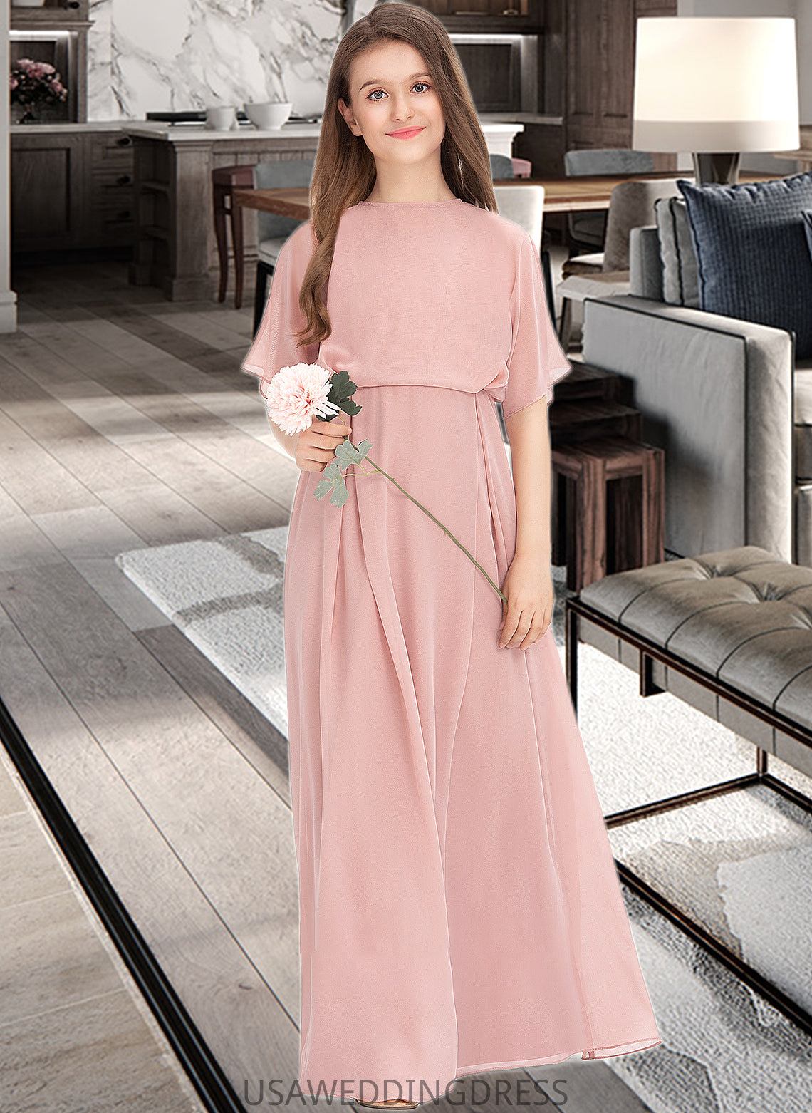 Willa A-Line Scoop Neck Floor-Length Chiffon Junior Bridesmaid Dress DSP0013493