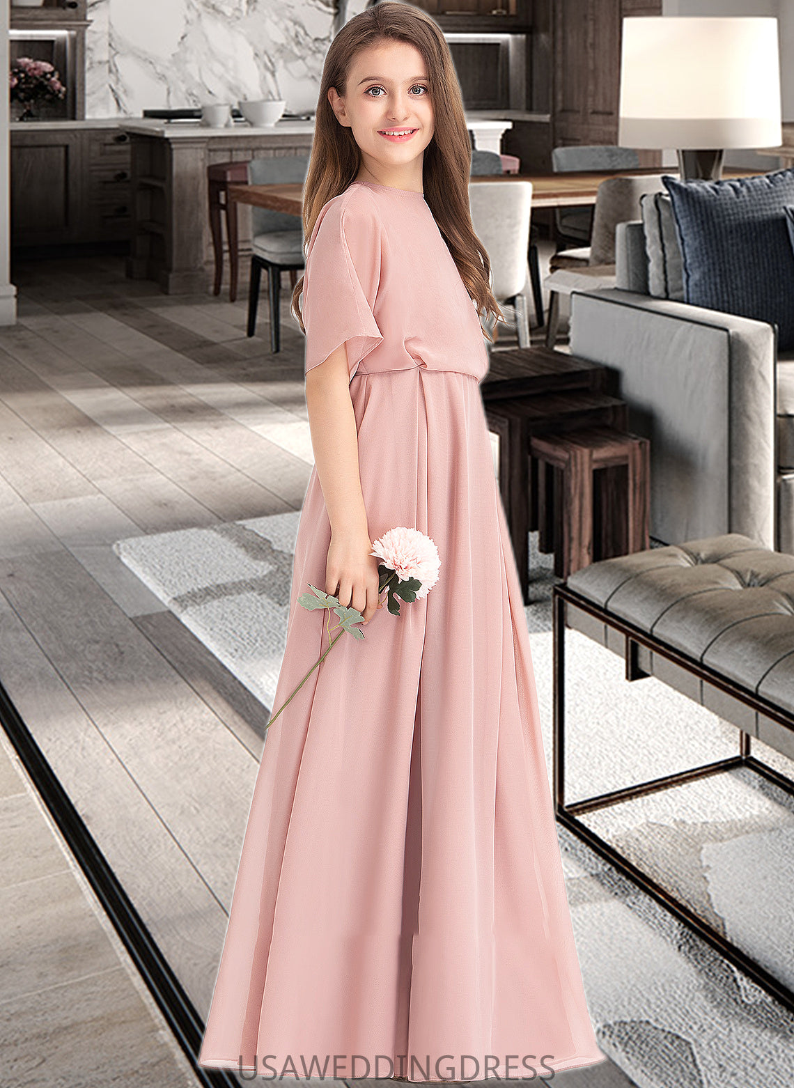 Willa A-Line Scoop Neck Floor-Length Chiffon Junior Bridesmaid Dress DSP0013493