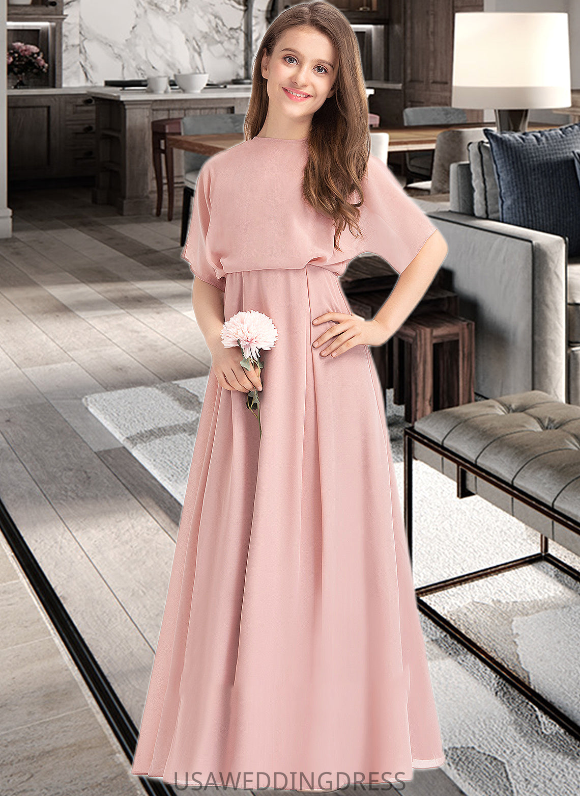 Willa A-Line Scoop Neck Floor-Length Chiffon Junior Bridesmaid Dress DSP0013493