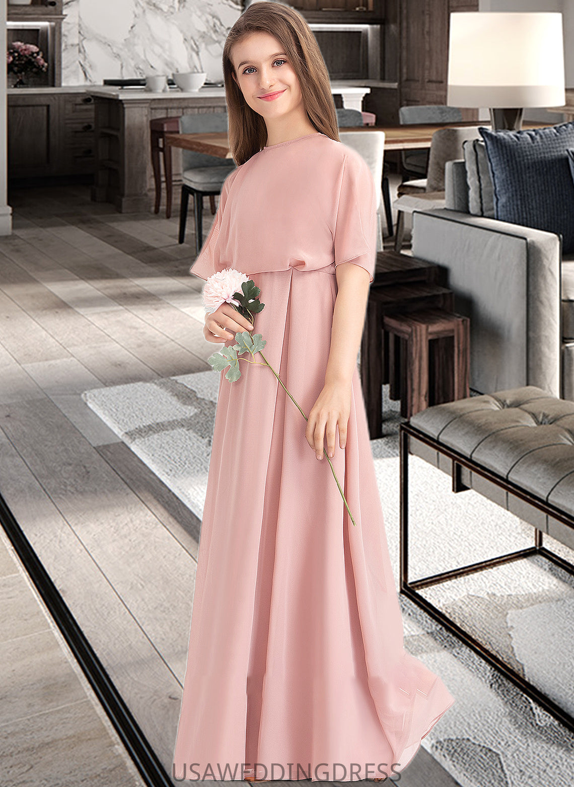 Willa A-Line Scoop Neck Floor-Length Chiffon Junior Bridesmaid Dress DSP0013493