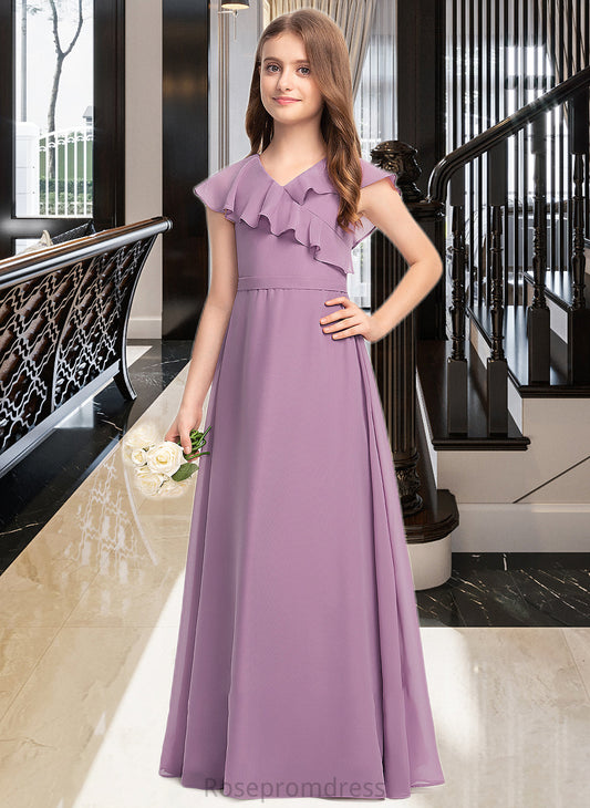 Brittany A-Line V-neck Floor-Length Chiffon Junior Bridesmaid Dress With Bow(s) Cascading Ruffles SRSP0013494