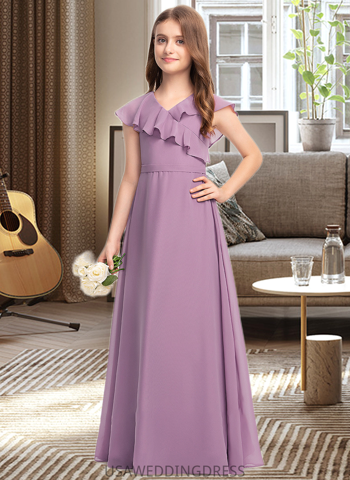 Maeve A-Line V-neck Floor-Length Chiffon Junior Bridesmaid Dress With Bow(s) Cascading Ruffles DSP0013494