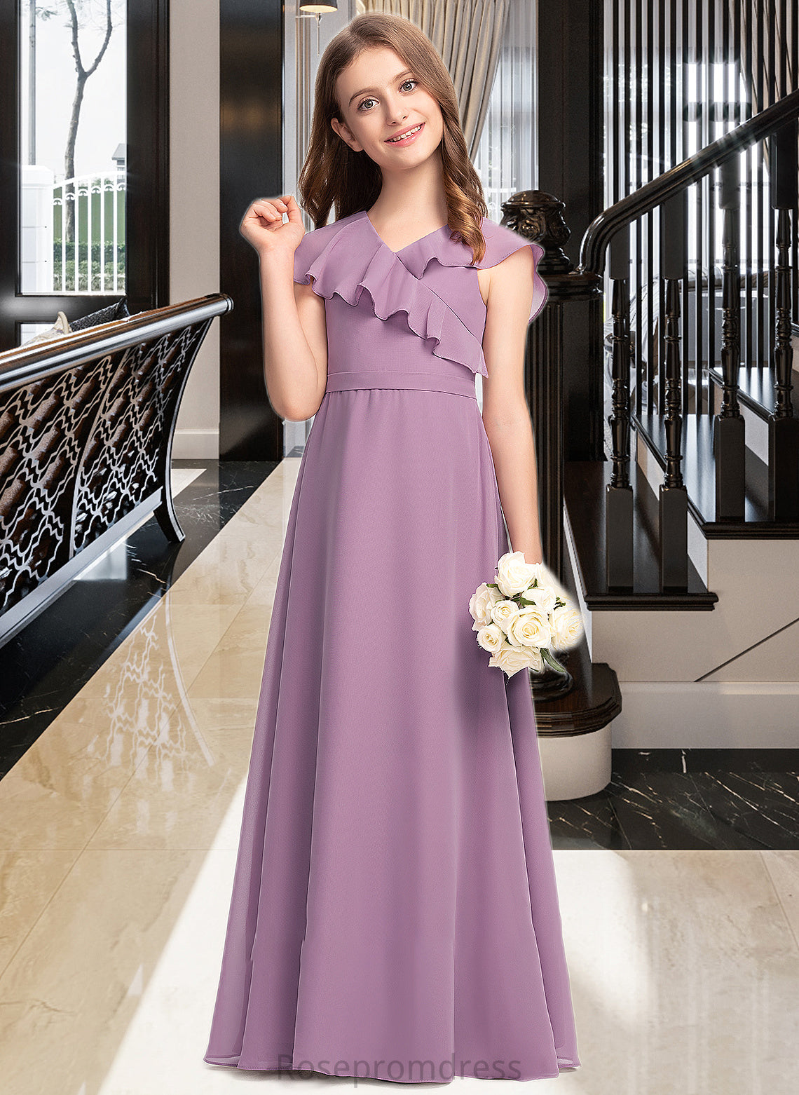 Brittany A-Line V-neck Floor-Length Chiffon Junior Bridesmaid Dress With Bow(s) Cascading Ruffles SRSP0013494