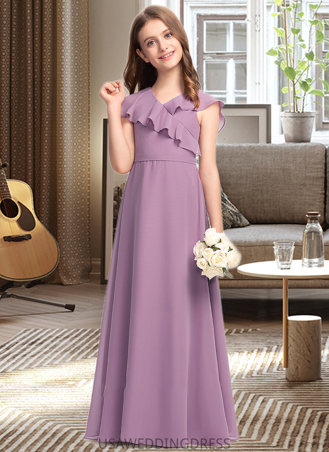 Maeve A-Line V-neck Floor-Length Chiffon Junior Bridesmaid Dress With Bow(s) Cascading Ruffles DSP0013494