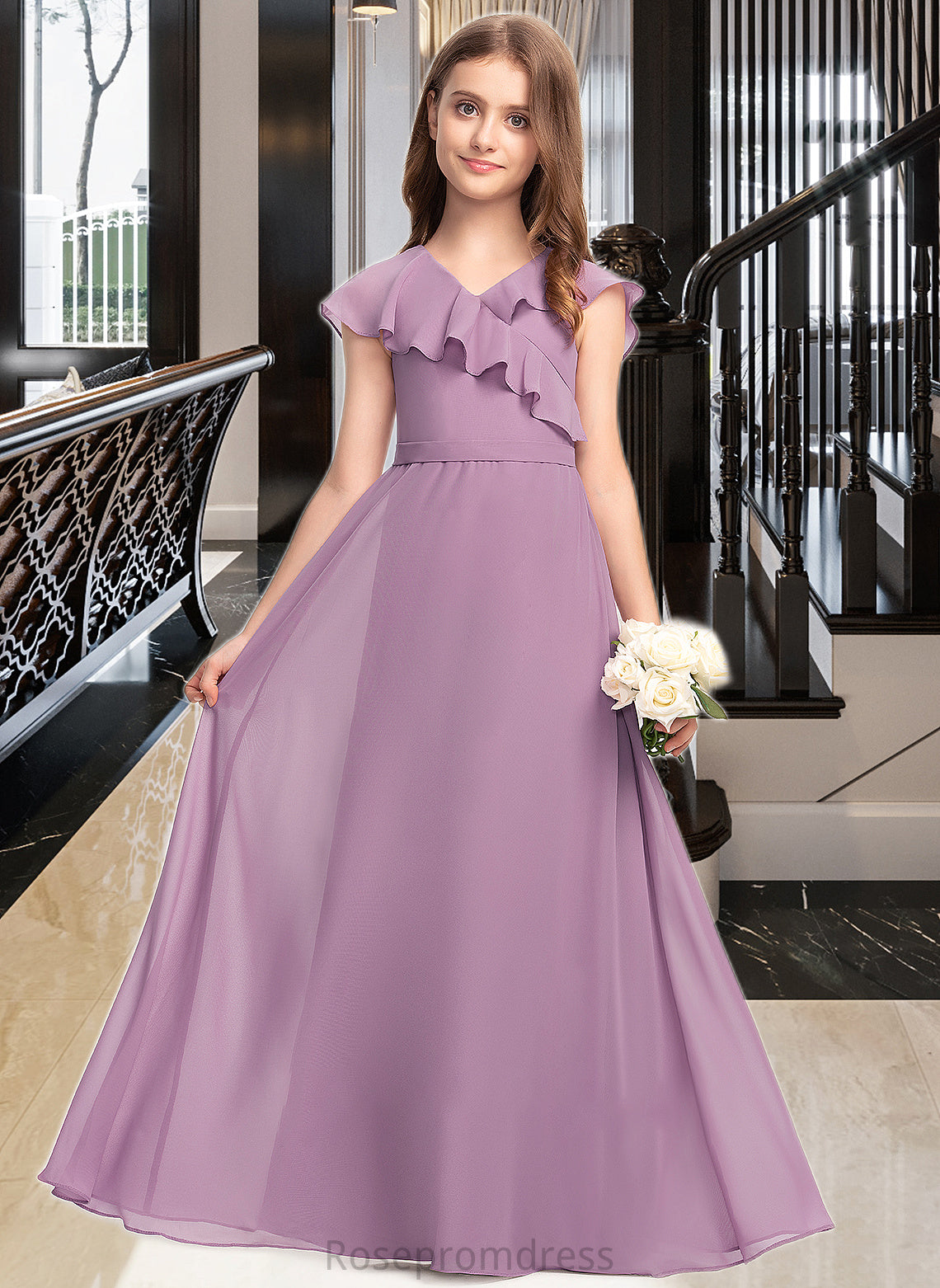 Brittany A-Line V-neck Floor-Length Chiffon Junior Bridesmaid Dress With Bow(s) Cascading Ruffles SRSP0013494