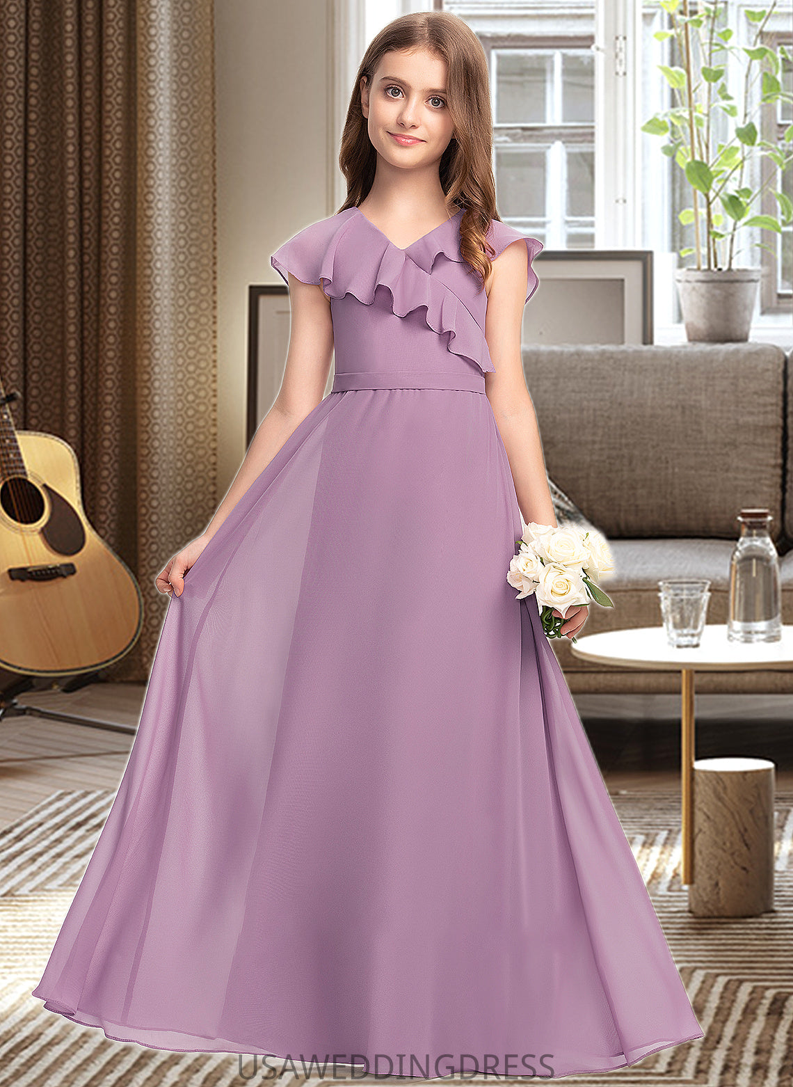 Maeve A-Line V-neck Floor-Length Chiffon Junior Bridesmaid Dress With Bow(s) Cascading Ruffles DSP0013494