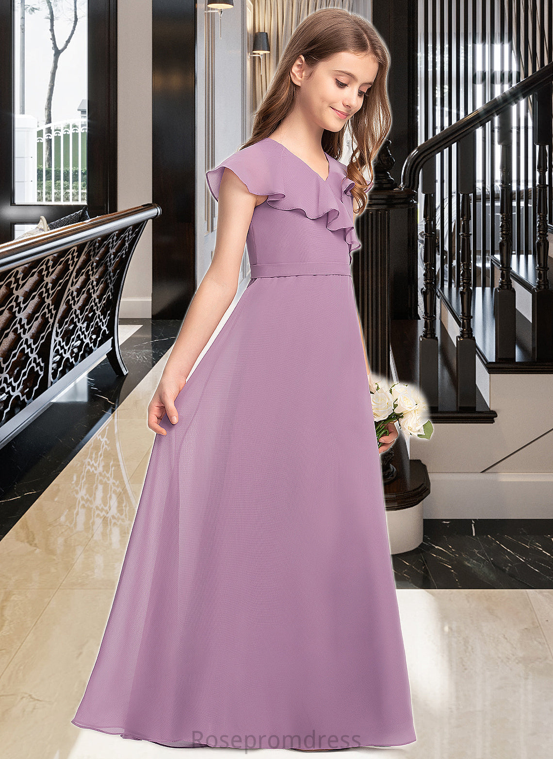 Brittany A-Line V-neck Floor-Length Chiffon Junior Bridesmaid Dress With Bow(s) Cascading Ruffles SRSP0013494