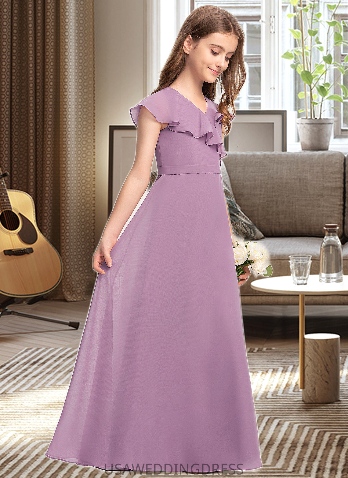 Maeve A-Line V-neck Floor-Length Chiffon Junior Bridesmaid Dress With Bow(s) Cascading Ruffles DSP0013494