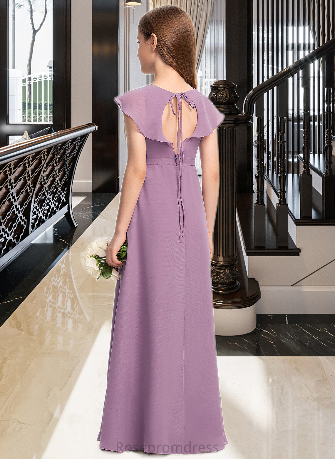 Brittany A-Line V-neck Floor-Length Chiffon Junior Bridesmaid Dress With Bow(s) Cascading Ruffles SRSP0013494