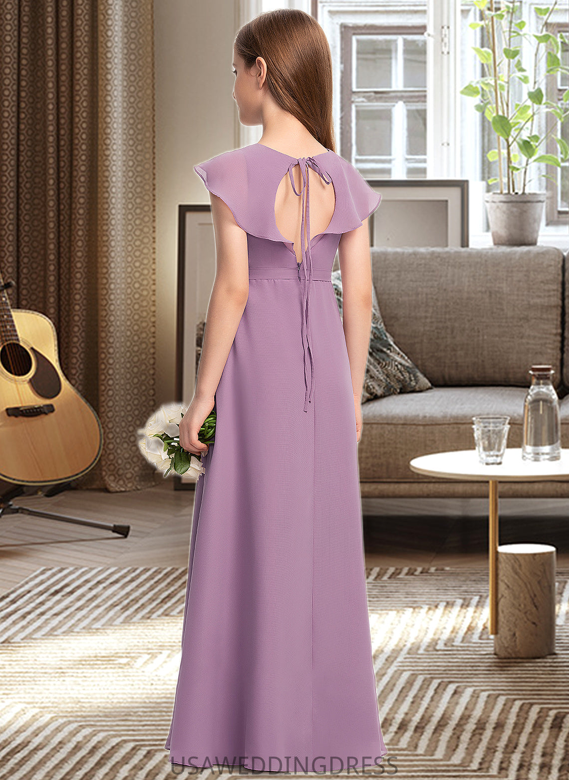 Maeve A-Line V-neck Floor-Length Chiffon Junior Bridesmaid Dress With Bow(s) Cascading Ruffles DSP0013494