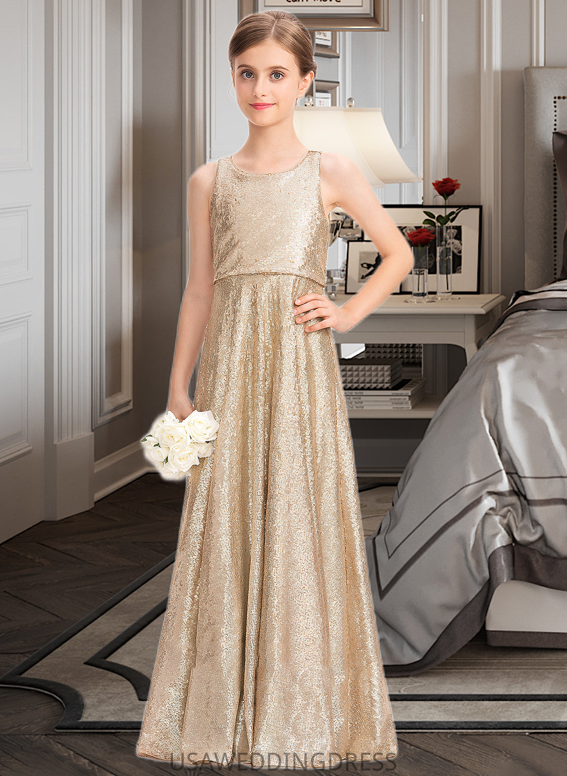 Mya A-Line Scoop Neck Floor-Length Sequined Junior Bridesmaid Dress DSP0013495