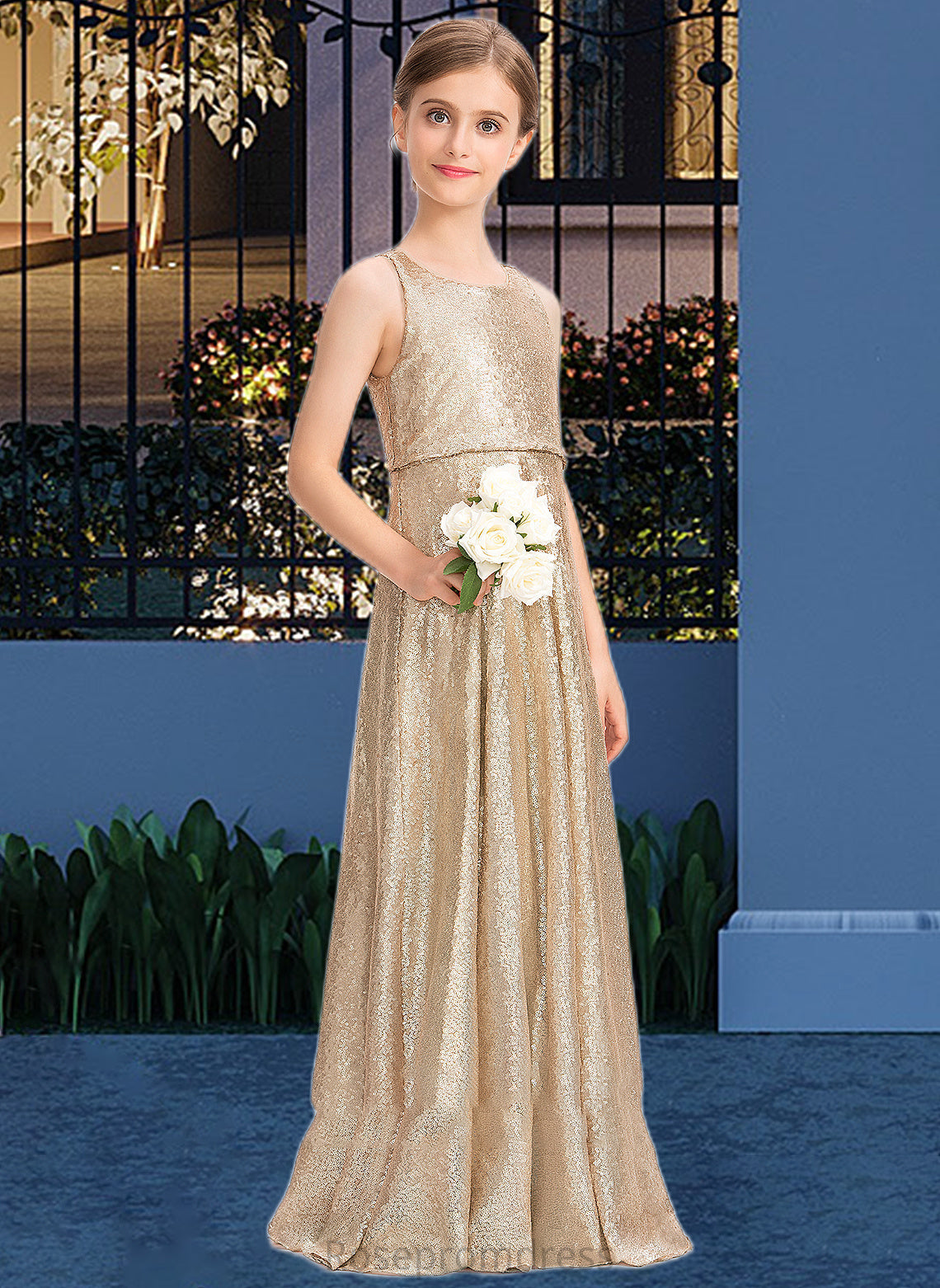 Karina A-Line Scoop Neck Floor-Length Sequined Junior Bridesmaid Dress SRSP0013495