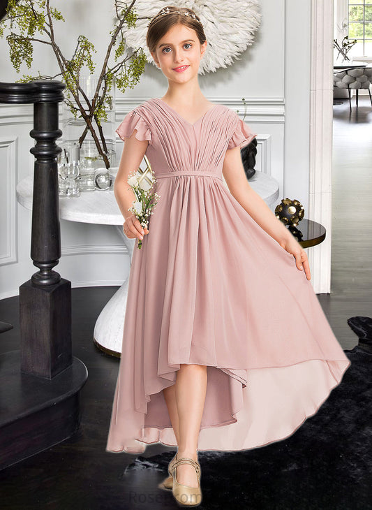 Tianna A-Line V-neck Asymmetrical Chiffon Junior Bridesmaid Dress With Bow(s) Cascading Ruffles SRSP0013496