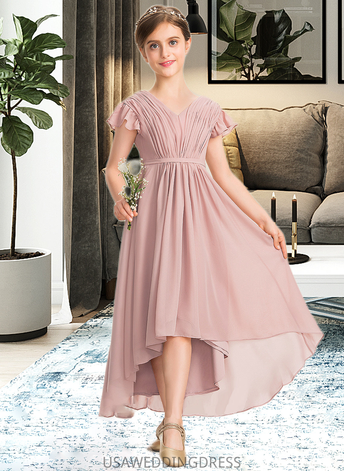 Ariel A-Line V-neck Asymmetrical Chiffon Junior Bridesmaid Dress With Bow(s) Cascading Ruffles DSP0013496