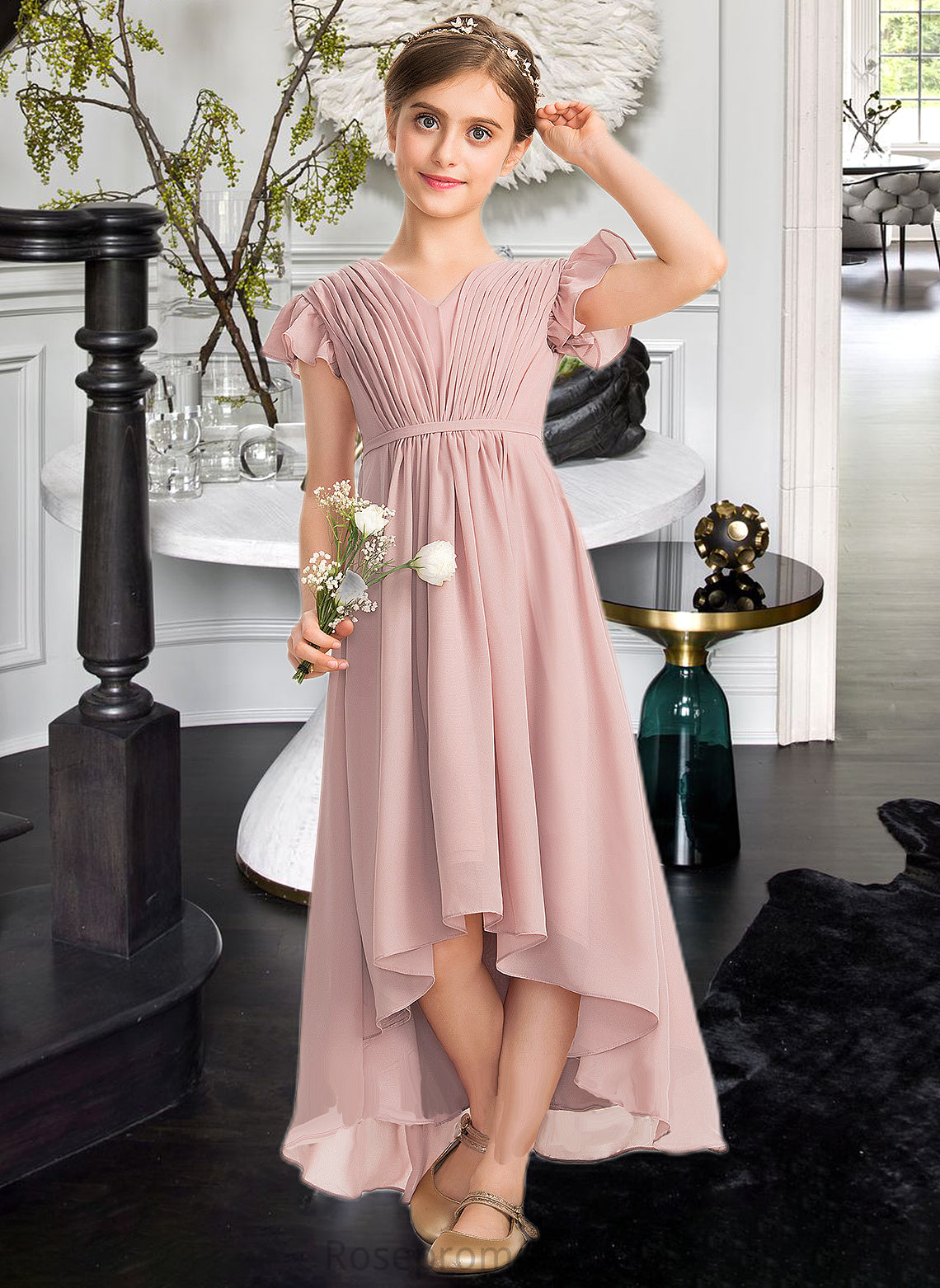 Tianna A-Line V-neck Asymmetrical Chiffon Junior Bridesmaid Dress With Bow(s) Cascading Ruffles SRSP0013496