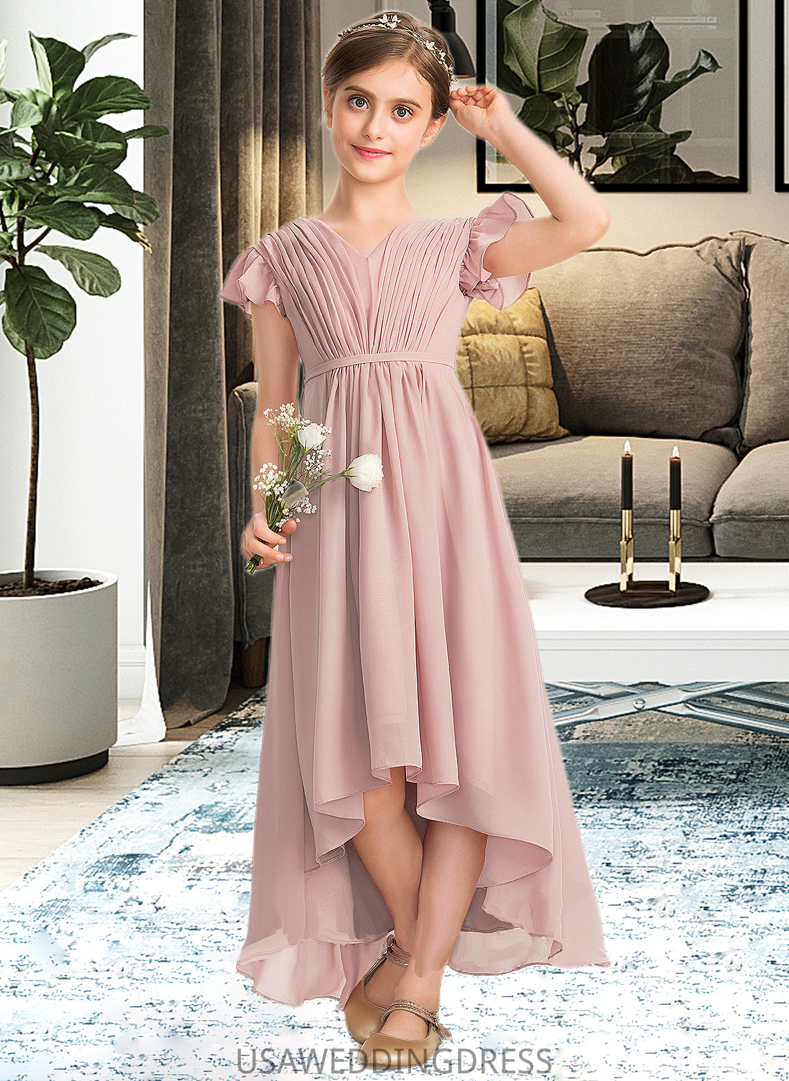 Ariel A-Line V-neck Asymmetrical Chiffon Junior Bridesmaid Dress With Bow(s) Cascading Ruffles DSP0013496