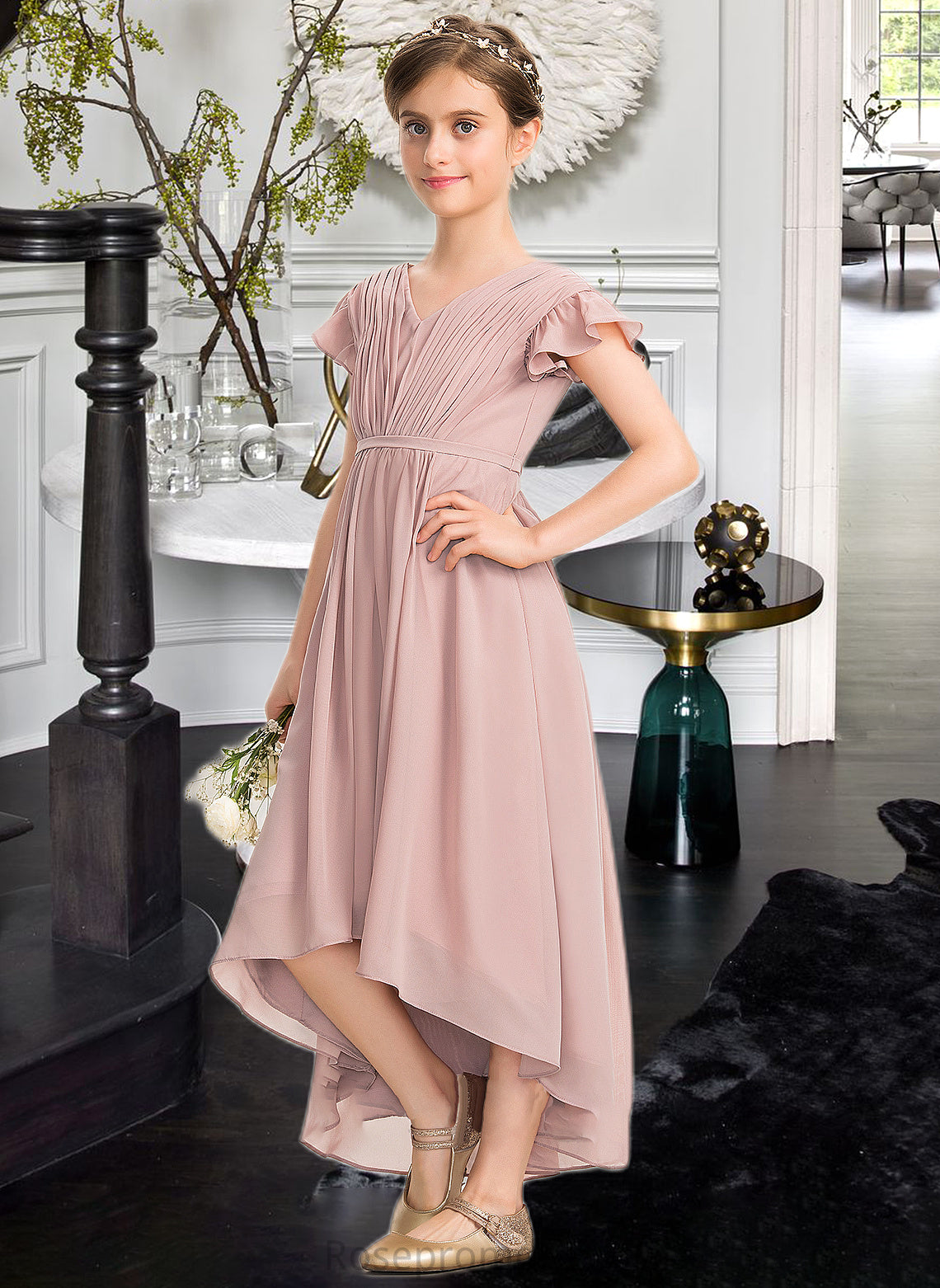 Tianna A-Line V-neck Asymmetrical Chiffon Junior Bridesmaid Dress With Bow(s) Cascading Ruffles SRSP0013496