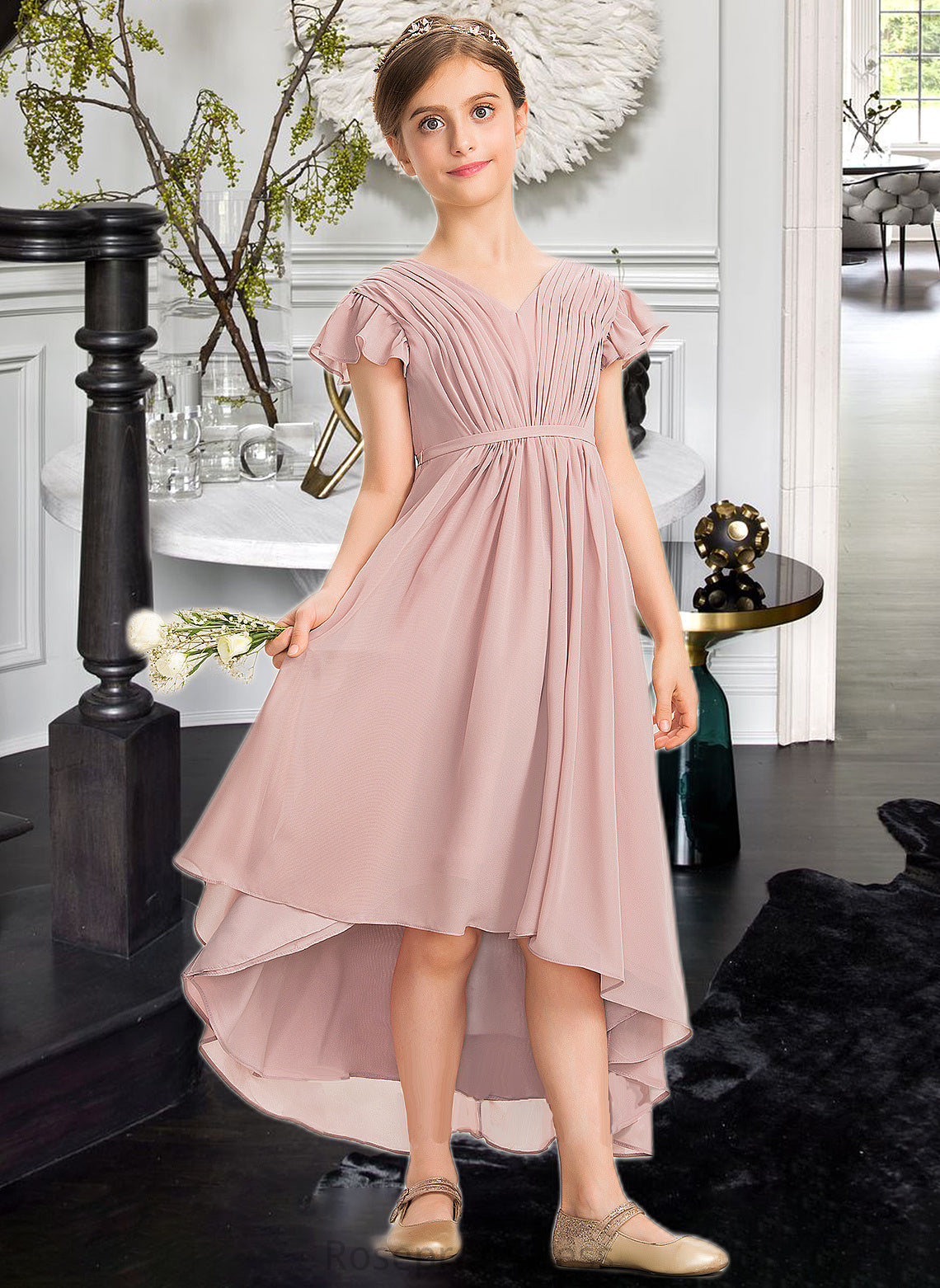 Tianna A-Line V-neck Asymmetrical Chiffon Junior Bridesmaid Dress With Bow(s) Cascading Ruffles SRSP0013496