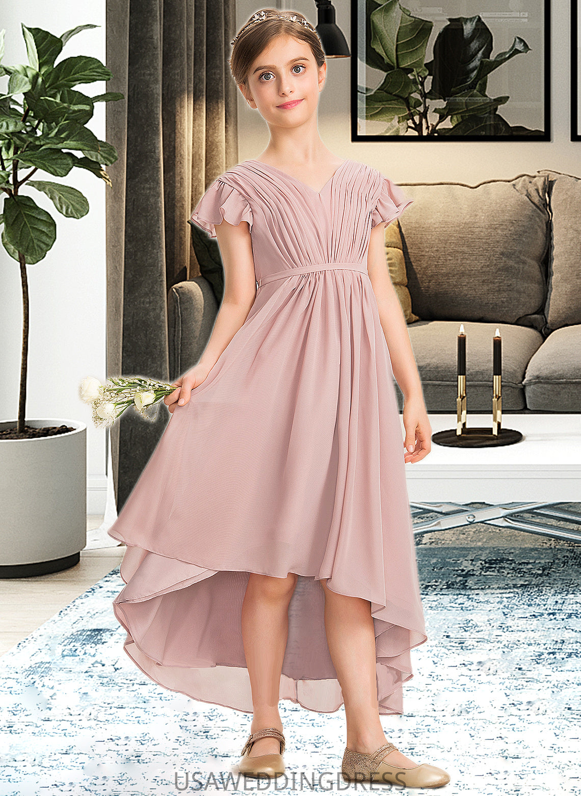 Ariel A-Line V-neck Asymmetrical Chiffon Junior Bridesmaid Dress With Bow(s) Cascading Ruffles DSP0013496