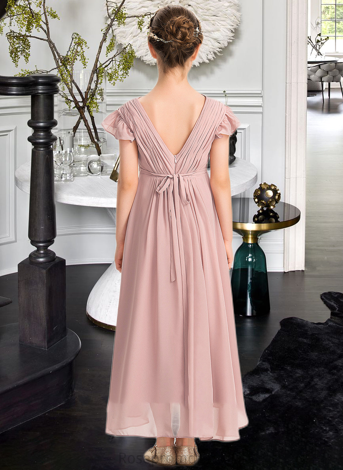 Tianna A-Line V-neck Asymmetrical Chiffon Junior Bridesmaid Dress With Bow(s) Cascading Ruffles SRSP0013496