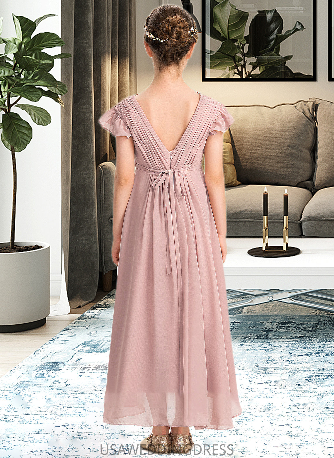 Ariel A-Line V-neck Asymmetrical Chiffon Junior Bridesmaid Dress With Bow(s) Cascading Ruffles DSP0013496