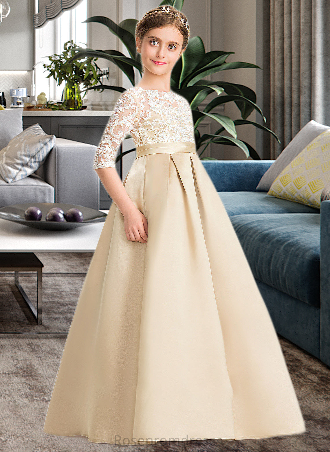 Gabrielle Ball-Gown/Princess Scoop Neck Floor-Length Satin Lace Junior Bridesmaid Dress SRSP0013498