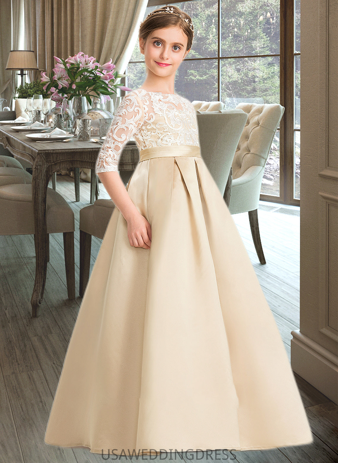 Gianna Ball-Gown/Princess Scoop Neck Floor-Length Satin Lace Junior Bridesmaid Dress DSP0013498