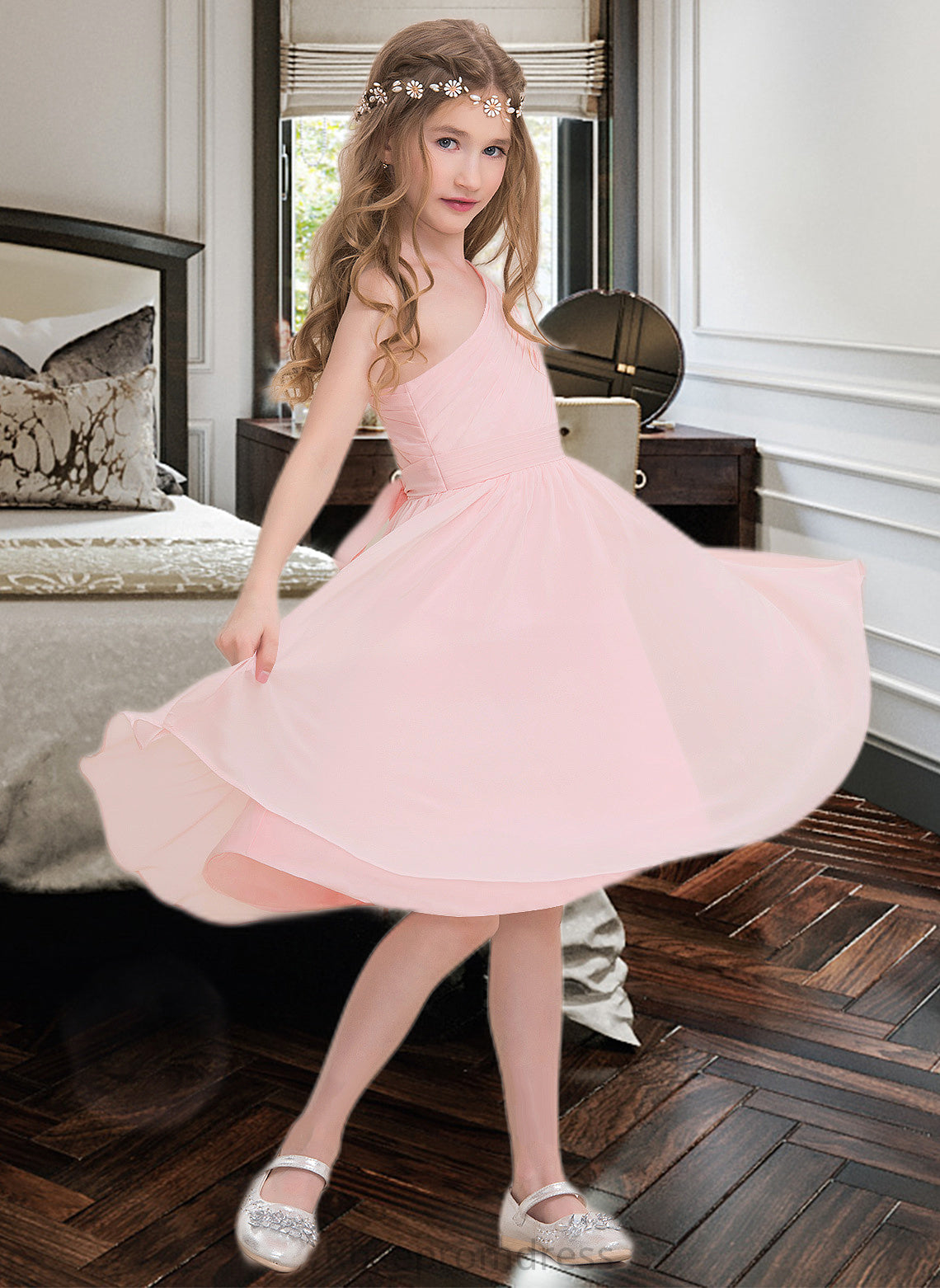 Christine A-Line One-Shoulder Knee-Length Chiffon Junior Bridesmaid Dress With Ruffle SRSP0013499