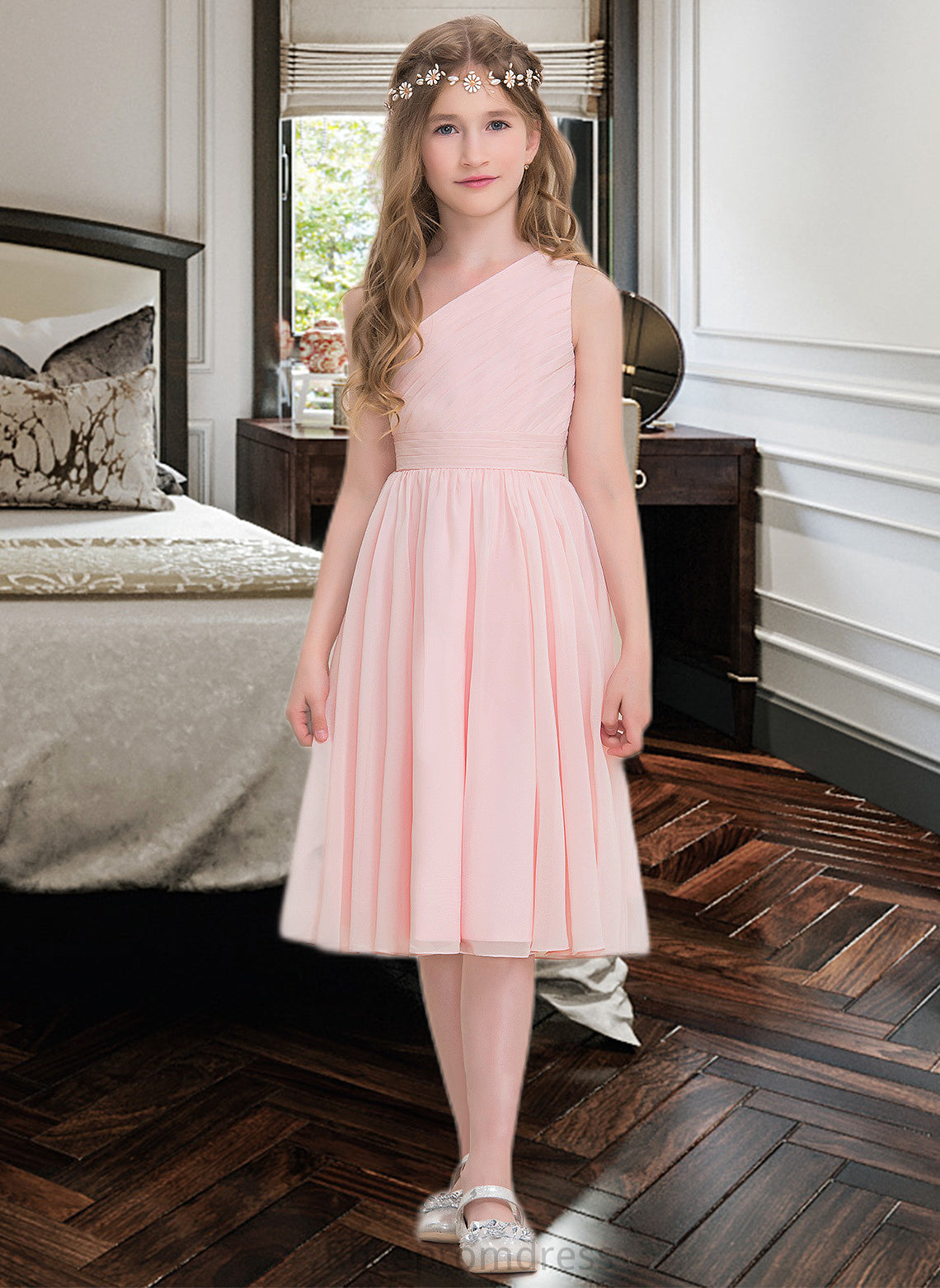 Christine A-Line One-Shoulder Knee-Length Chiffon Junior Bridesmaid Dress With Ruffle SRSP0013499