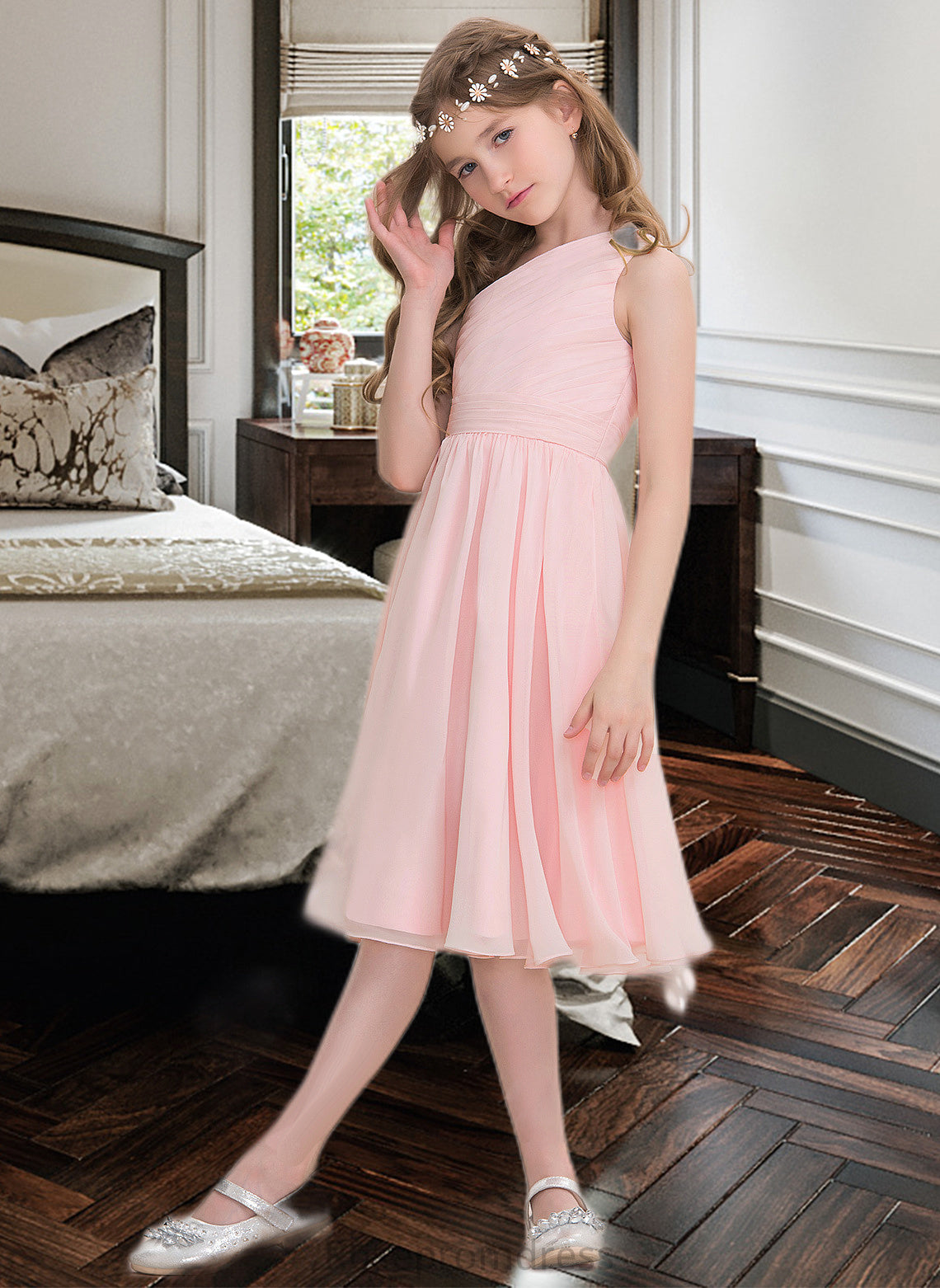 Christine A-Line One-Shoulder Knee-Length Chiffon Junior Bridesmaid Dress With Ruffle SRSP0013499