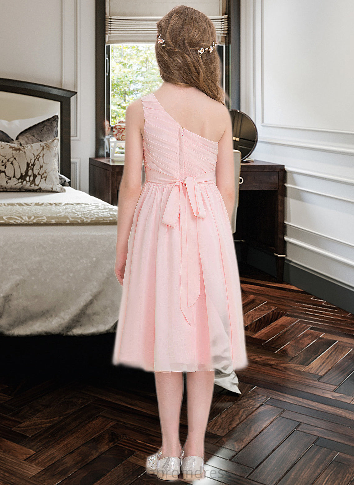 Christine A-Line One-Shoulder Knee-Length Chiffon Junior Bridesmaid Dress With Ruffle SRSP0013499