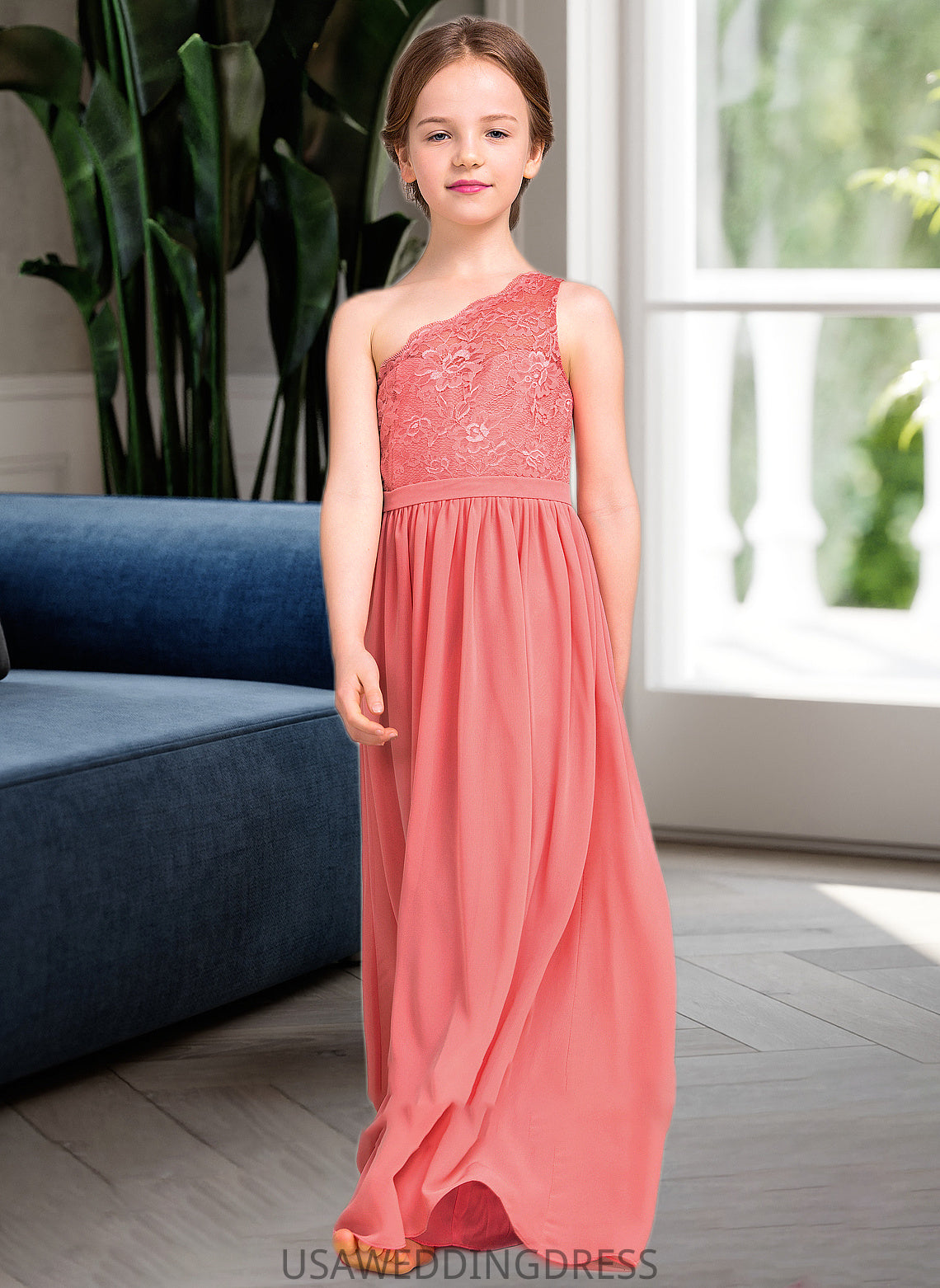 Florence A-Line One-Shoulder Floor-Length Chiffon Lace Junior Bridesmaid Dress DSP0013500