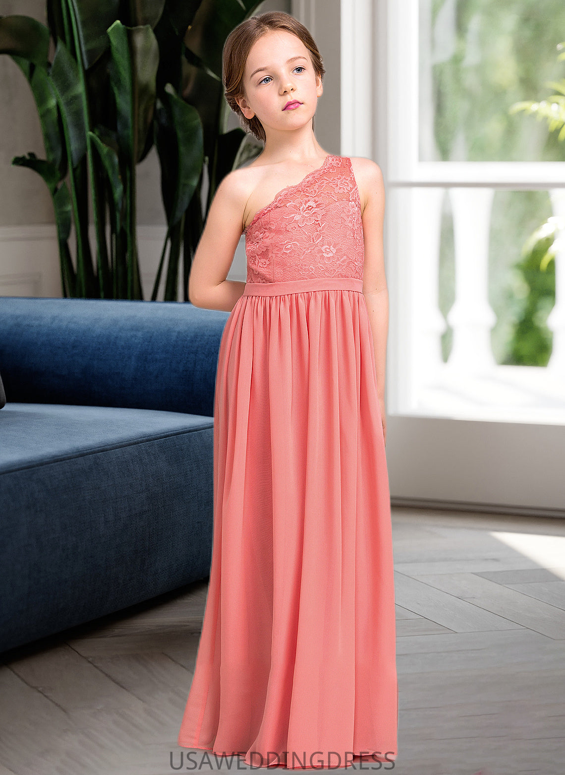 Florence A-Line One-Shoulder Floor-Length Chiffon Lace Junior Bridesmaid Dress DSP0013500