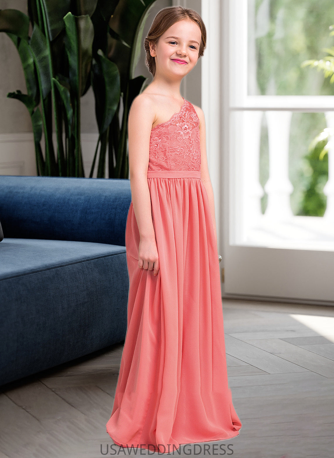 Florence A-Line One-Shoulder Floor-Length Chiffon Lace Junior Bridesmaid Dress DSP0013500