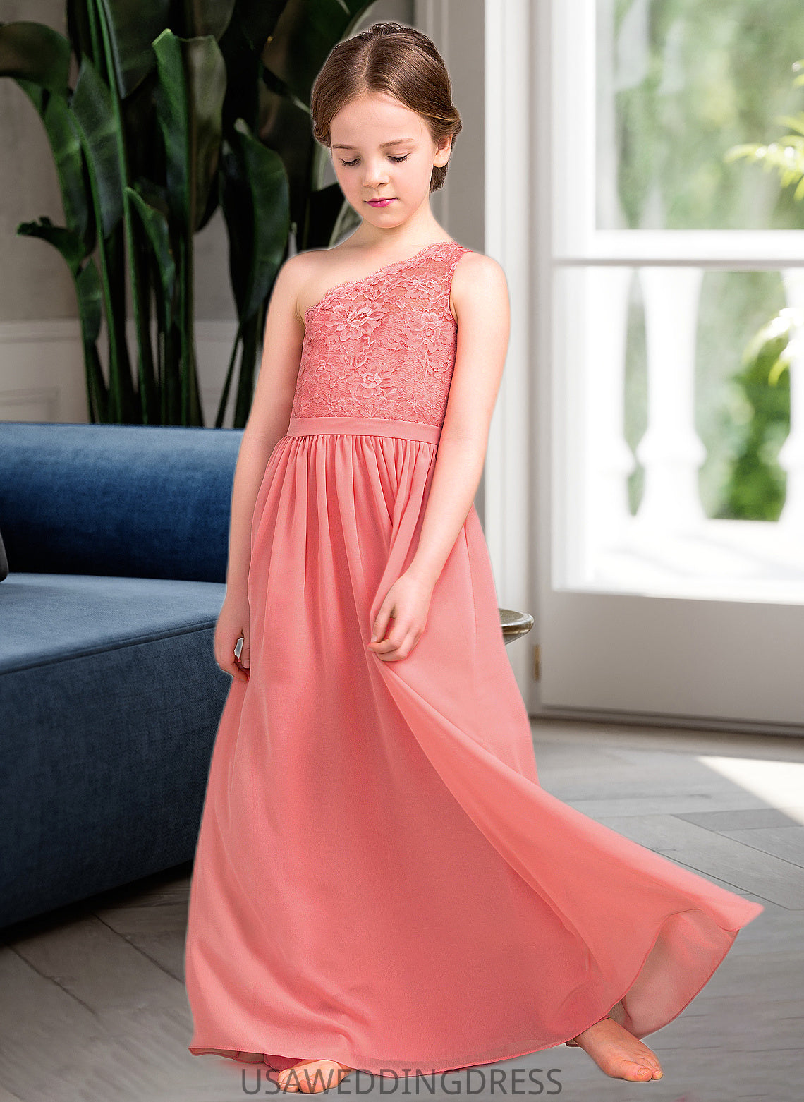 Florence A-Line One-Shoulder Floor-Length Chiffon Lace Junior Bridesmaid Dress DSP0013500