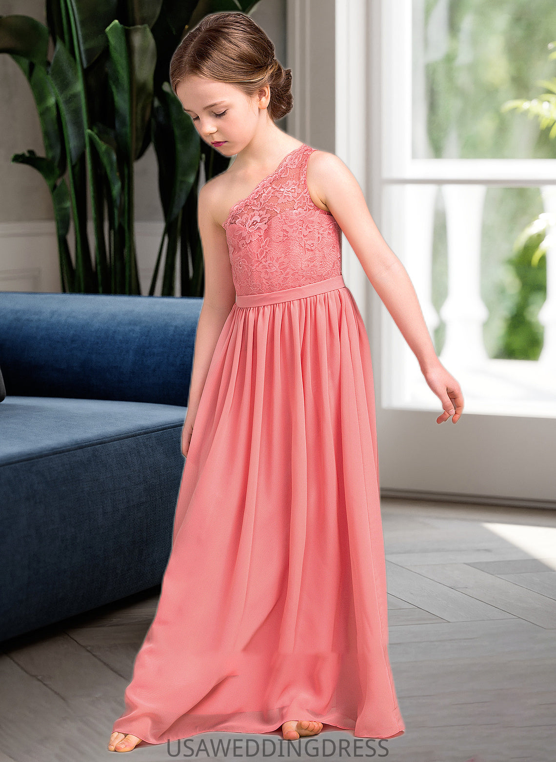 Florence A-Line One-Shoulder Floor-Length Chiffon Lace Junior Bridesmaid Dress DSP0013500