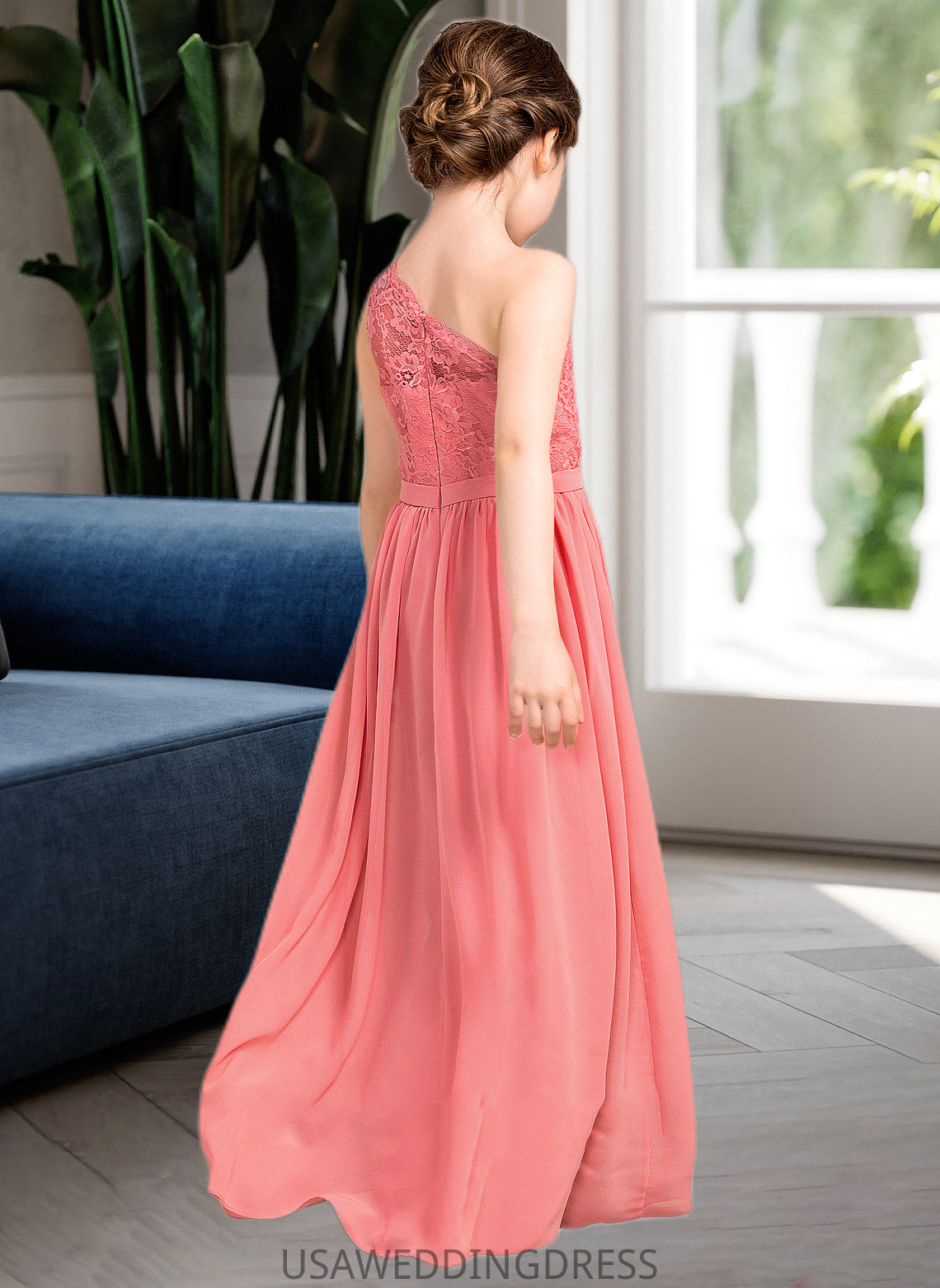 Florence A-Line One-Shoulder Floor-Length Chiffon Lace Junior Bridesmaid Dress DSP0013500