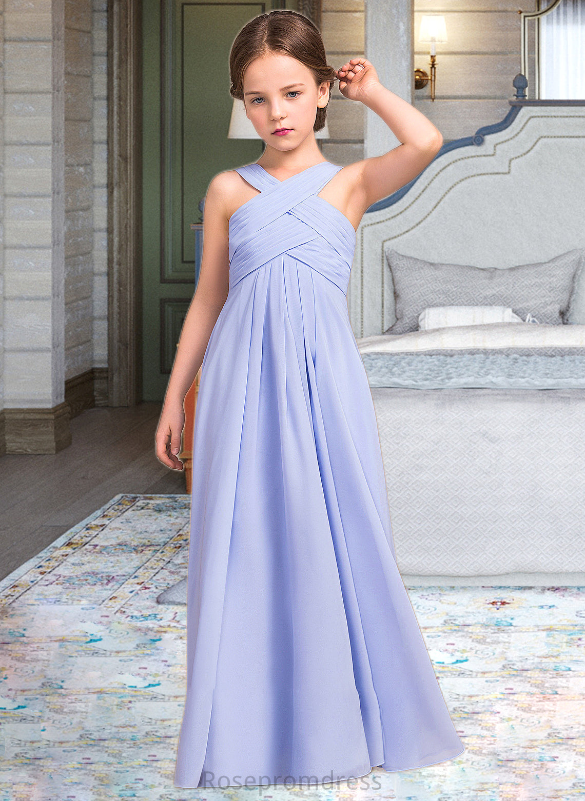 Nathalie A-Line V-neck Floor-Length Chiffon Junior Bridesmaid Dress With Ruffle SRSP0013501