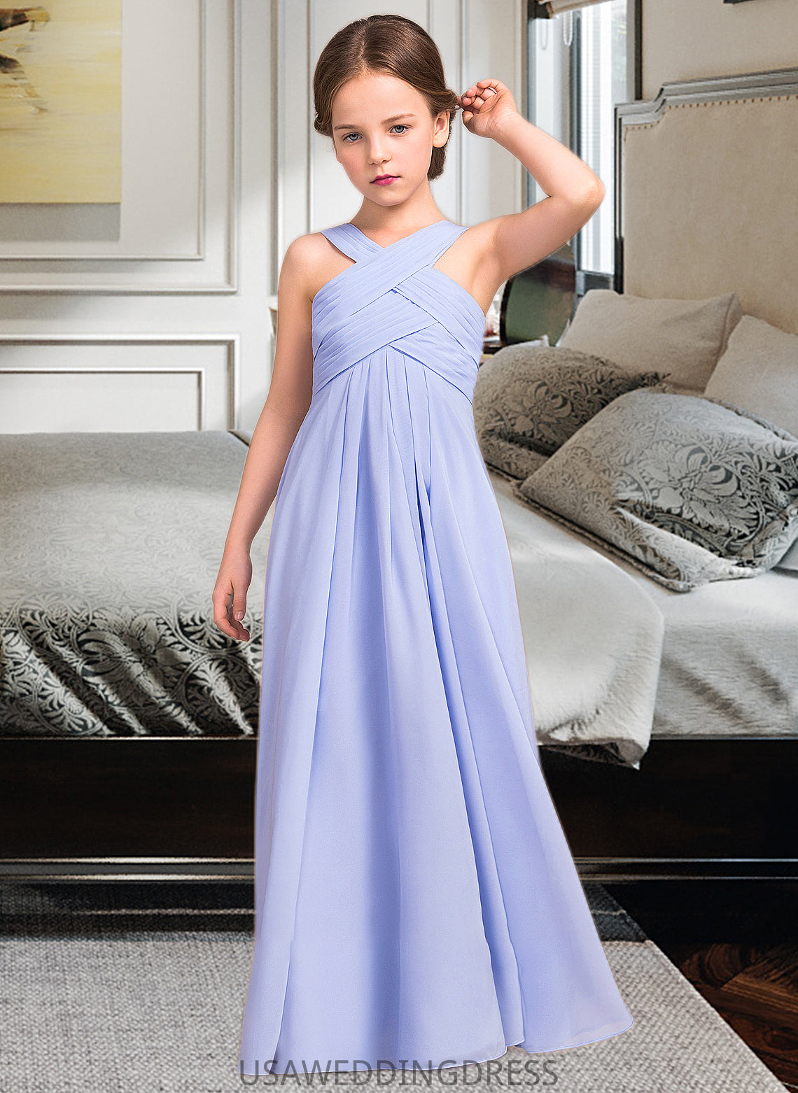 Pearl A-Line V-neck Floor-Length Chiffon Junior Bridesmaid Dress With Ruffle DSP0013501