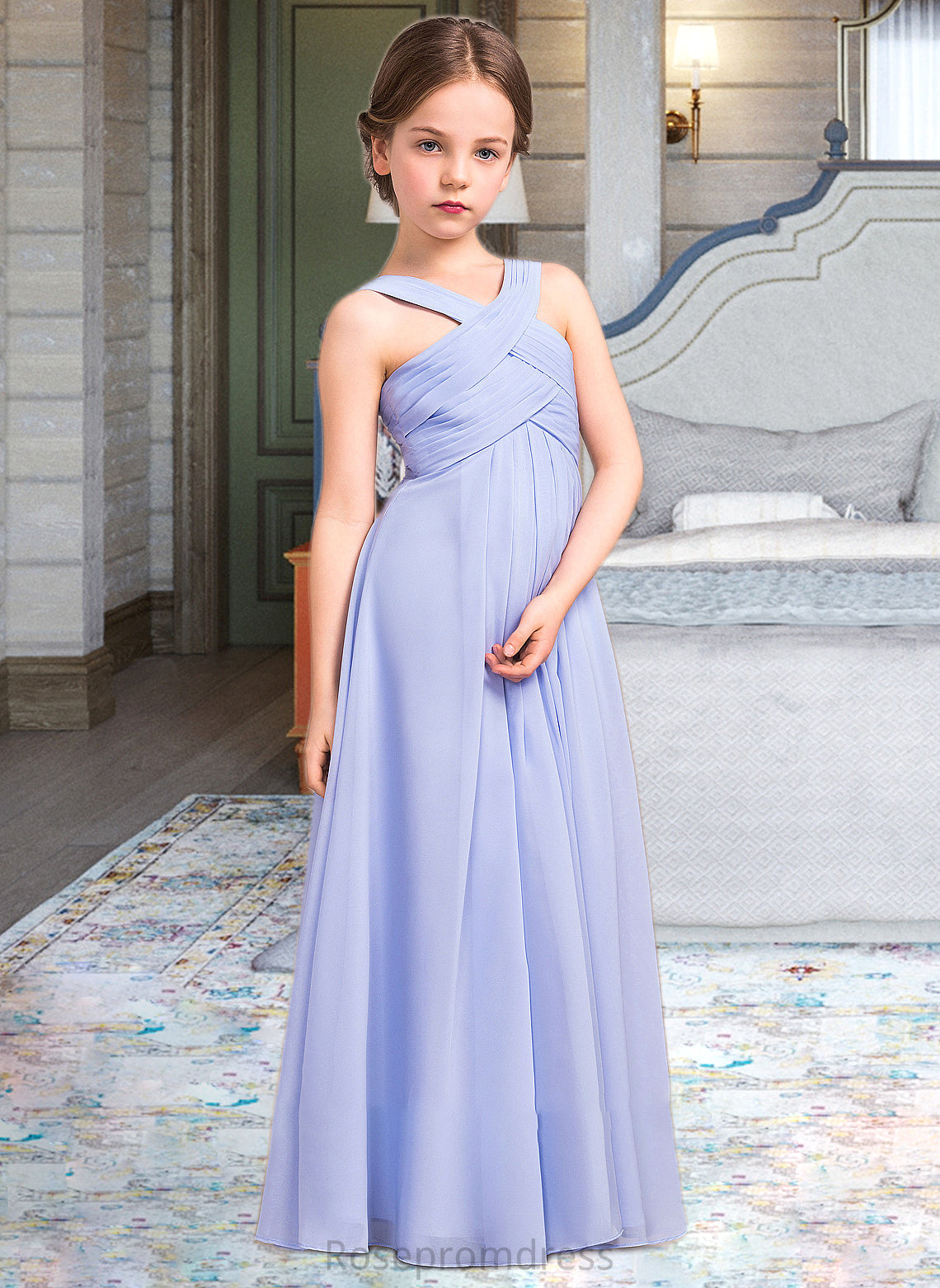 Nathalie A-Line V-neck Floor-Length Chiffon Junior Bridesmaid Dress With Ruffle SRSP0013501