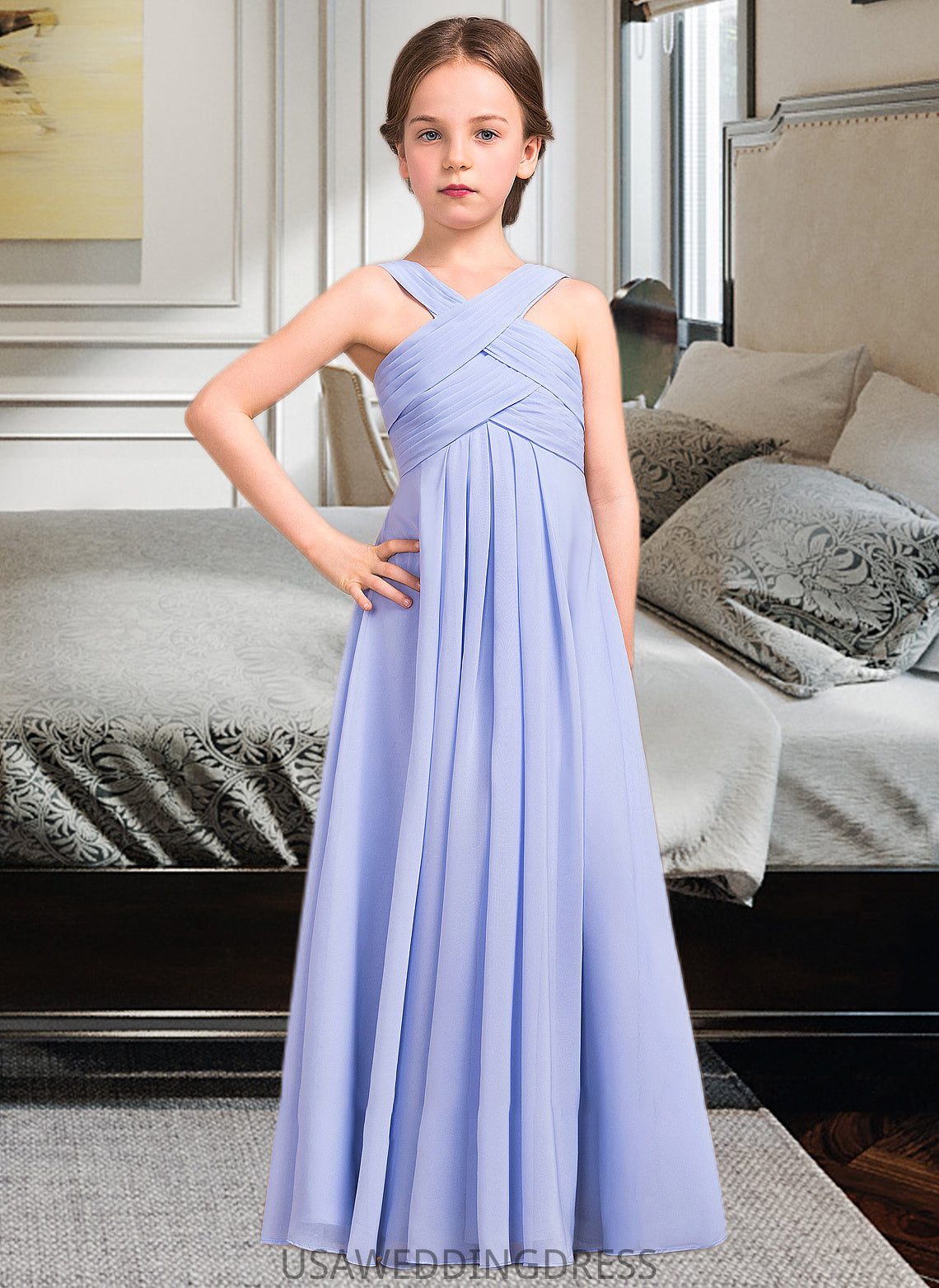 Pearl A-Line V-neck Floor-Length Chiffon Junior Bridesmaid Dress With Ruffle DSP0013501