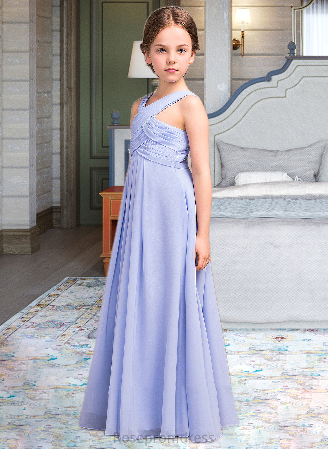 Nathalie A-Line V-neck Floor-Length Chiffon Junior Bridesmaid Dress With Ruffle SRSP0013501