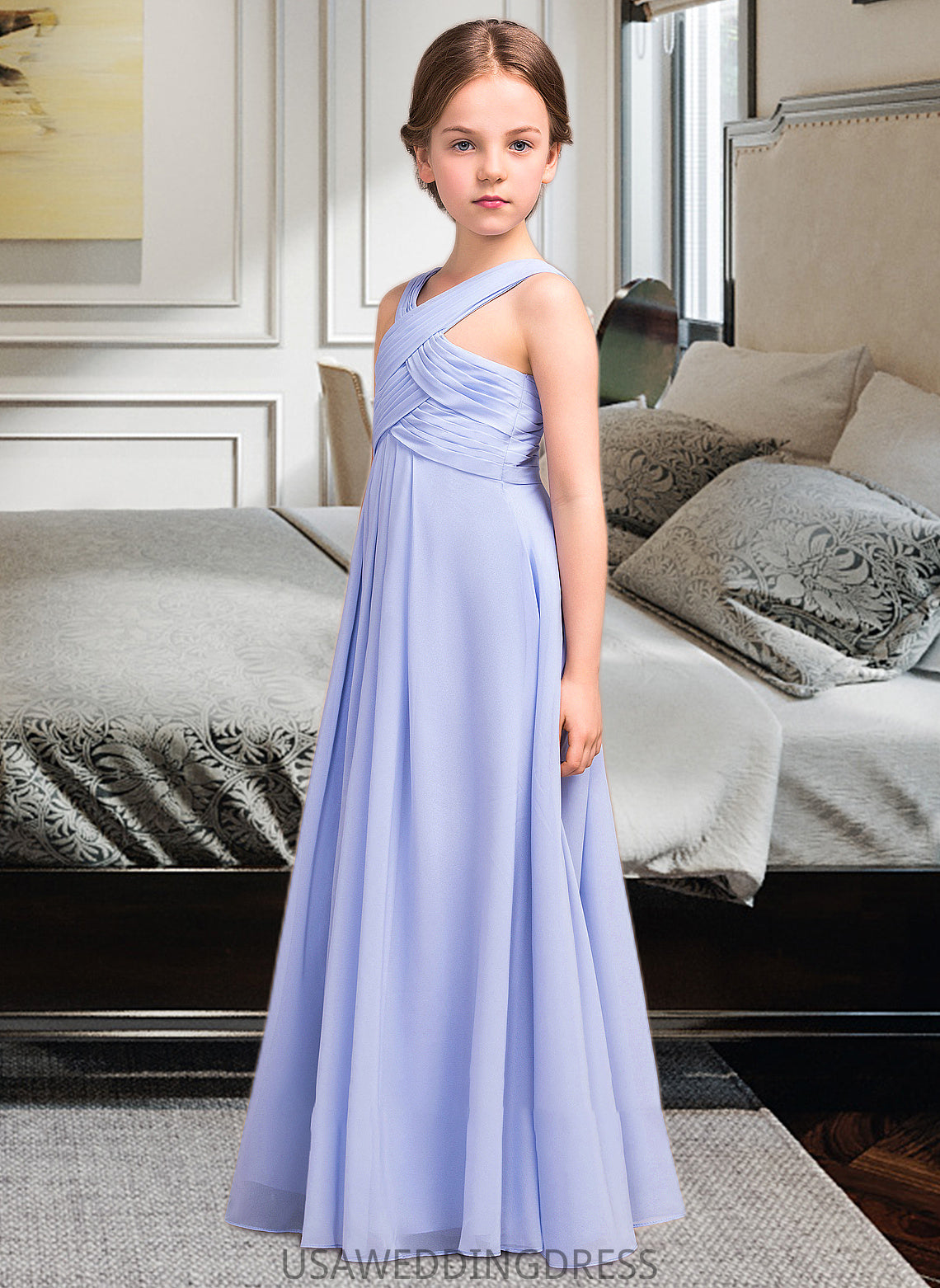 Pearl A-Line V-neck Floor-Length Chiffon Junior Bridesmaid Dress With Ruffle DSP0013501