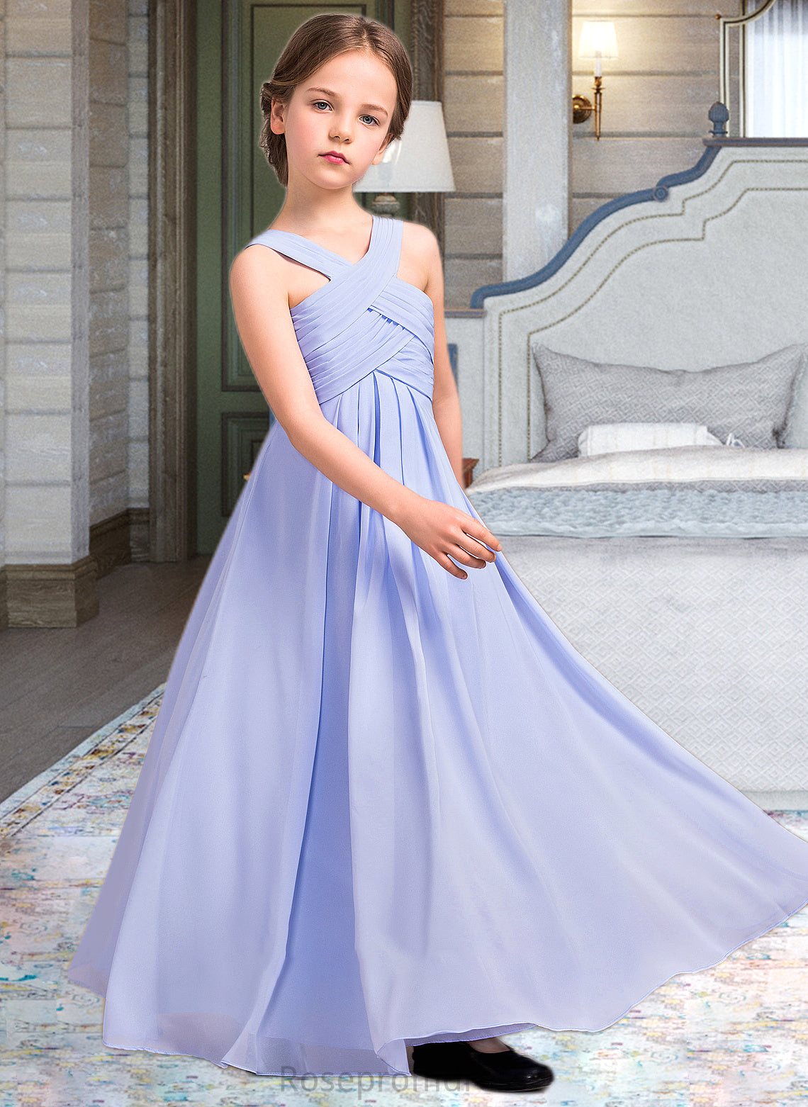 Nathalie A-Line V-neck Floor-Length Chiffon Junior Bridesmaid Dress With Ruffle SRSP0013501