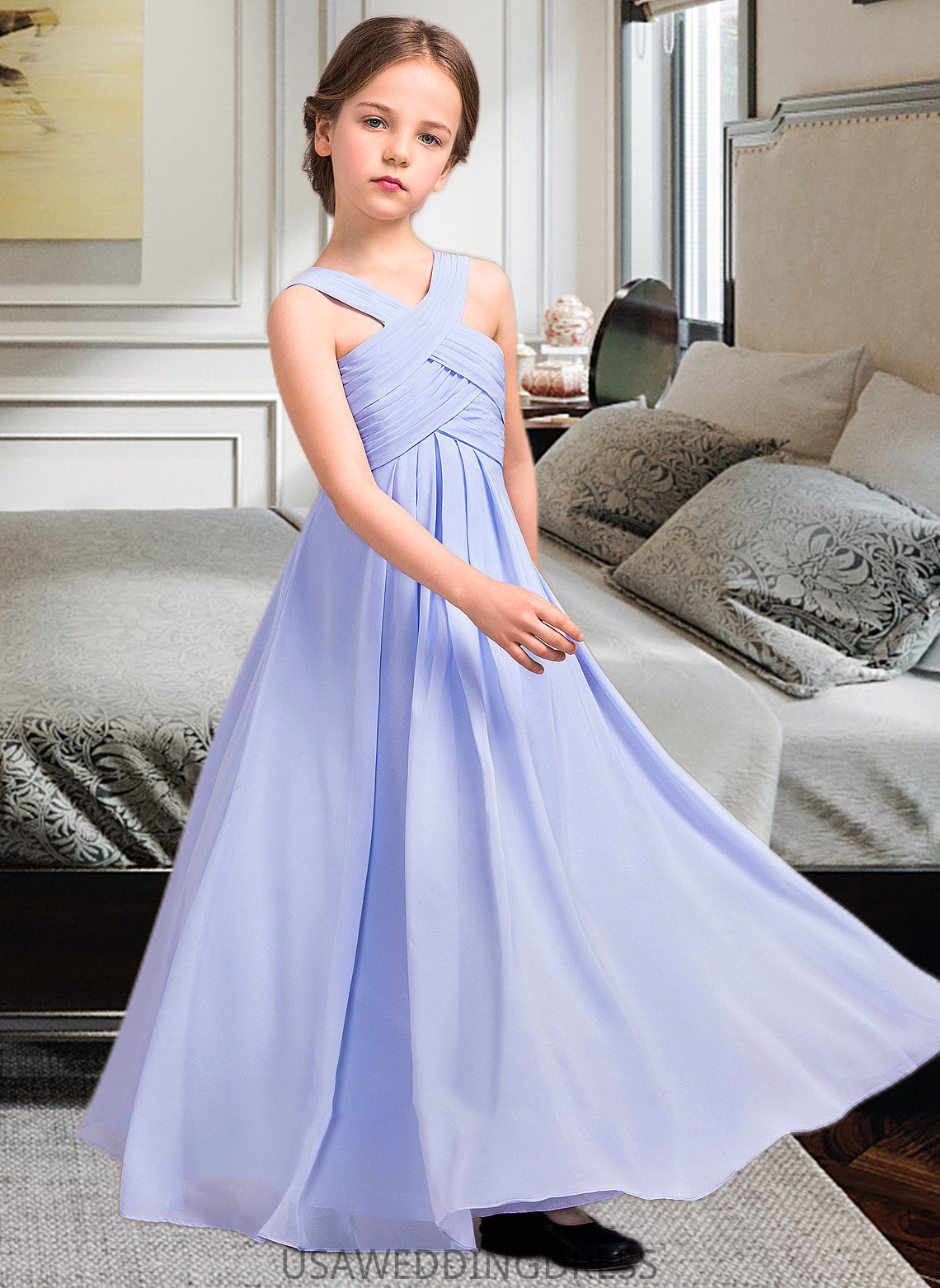 Pearl A-Line V-neck Floor-Length Chiffon Junior Bridesmaid Dress With Ruffle DSP0013501