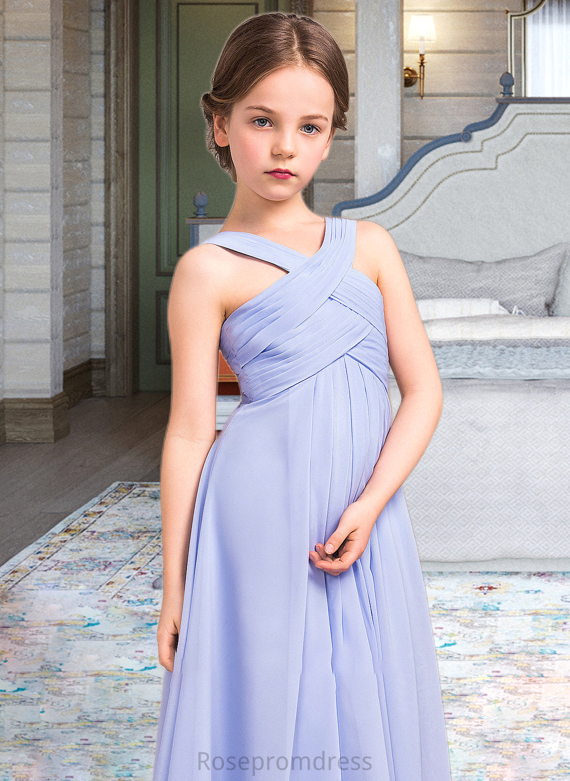 Nathalie A-Line V-neck Floor-Length Chiffon Junior Bridesmaid Dress With Ruffle SRSP0013501