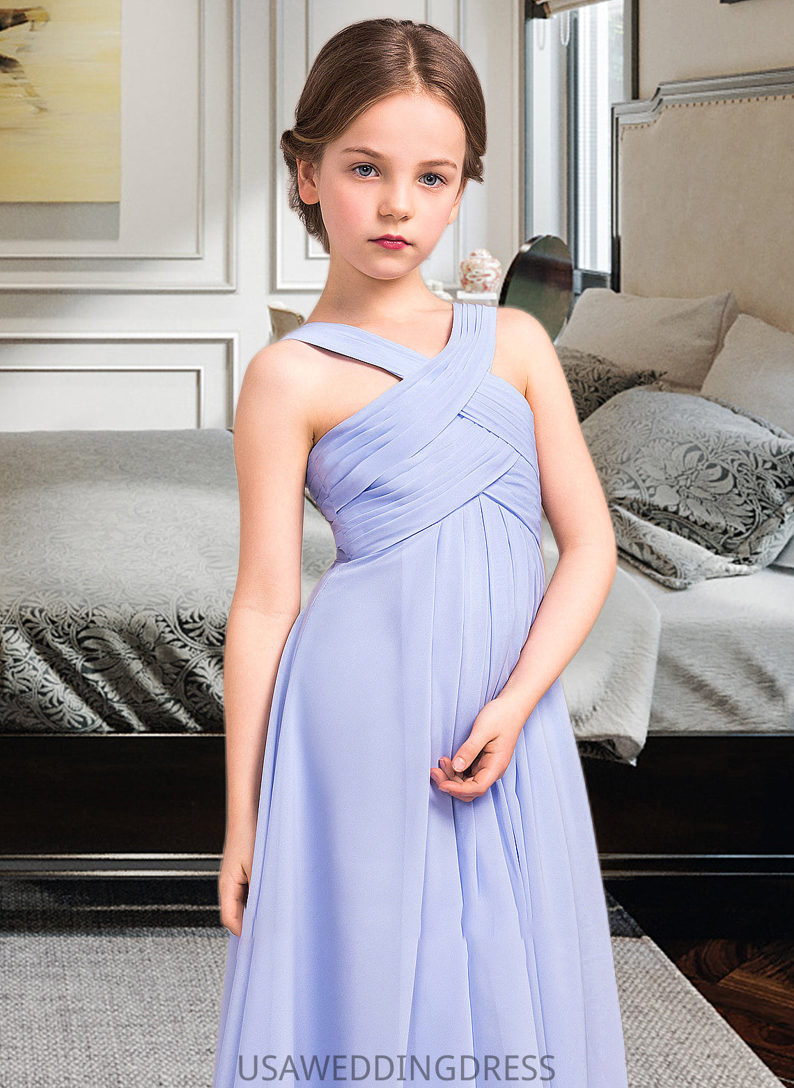 Pearl A-Line V-neck Floor-Length Chiffon Junior Bridesmaid Dress With Ruffle DSP0013501