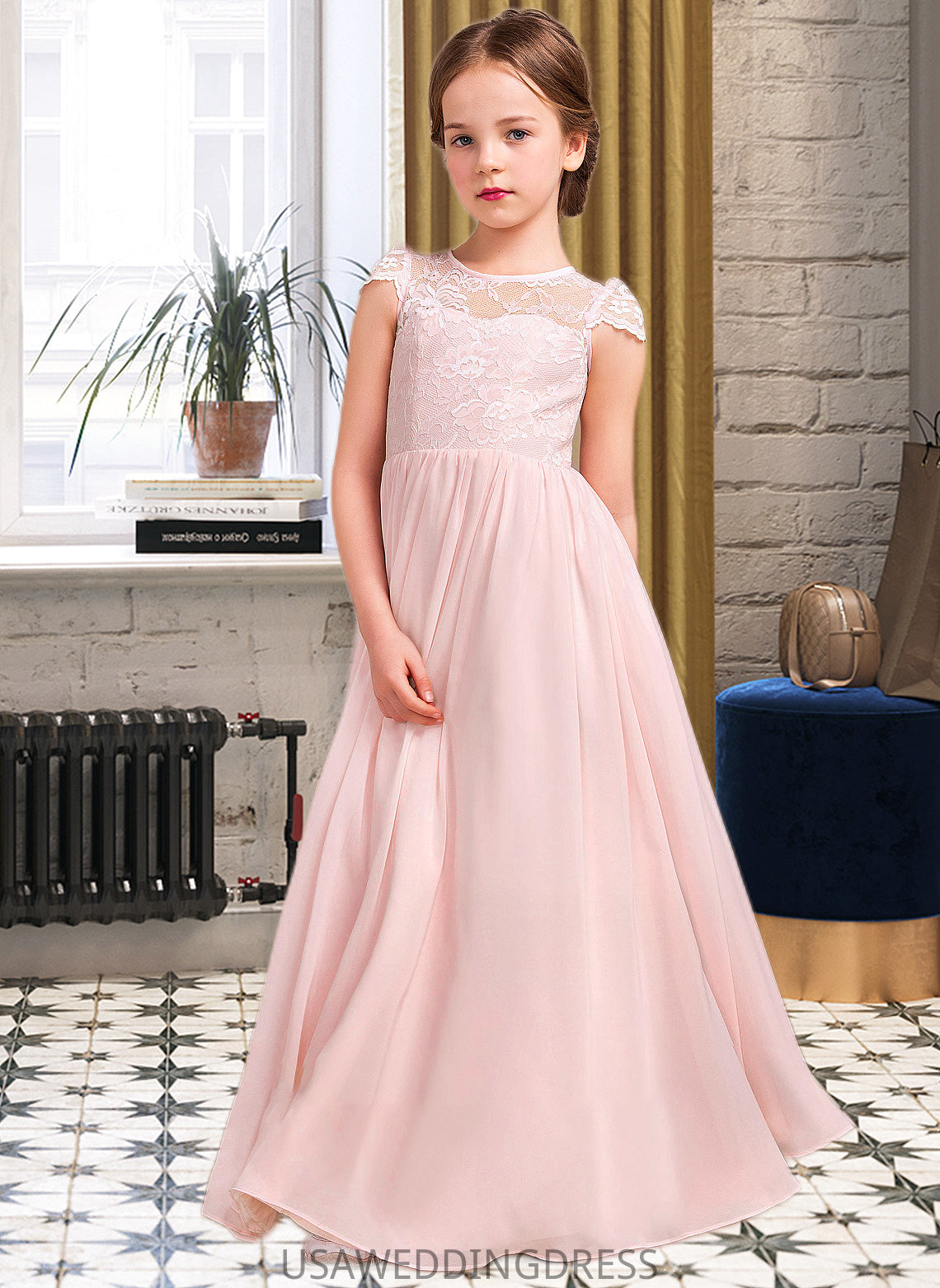 Eloise A-LineScoopNeckFloor-LengthChiffonLaceJuniorBridesmaidDress#81155 DSP0013502