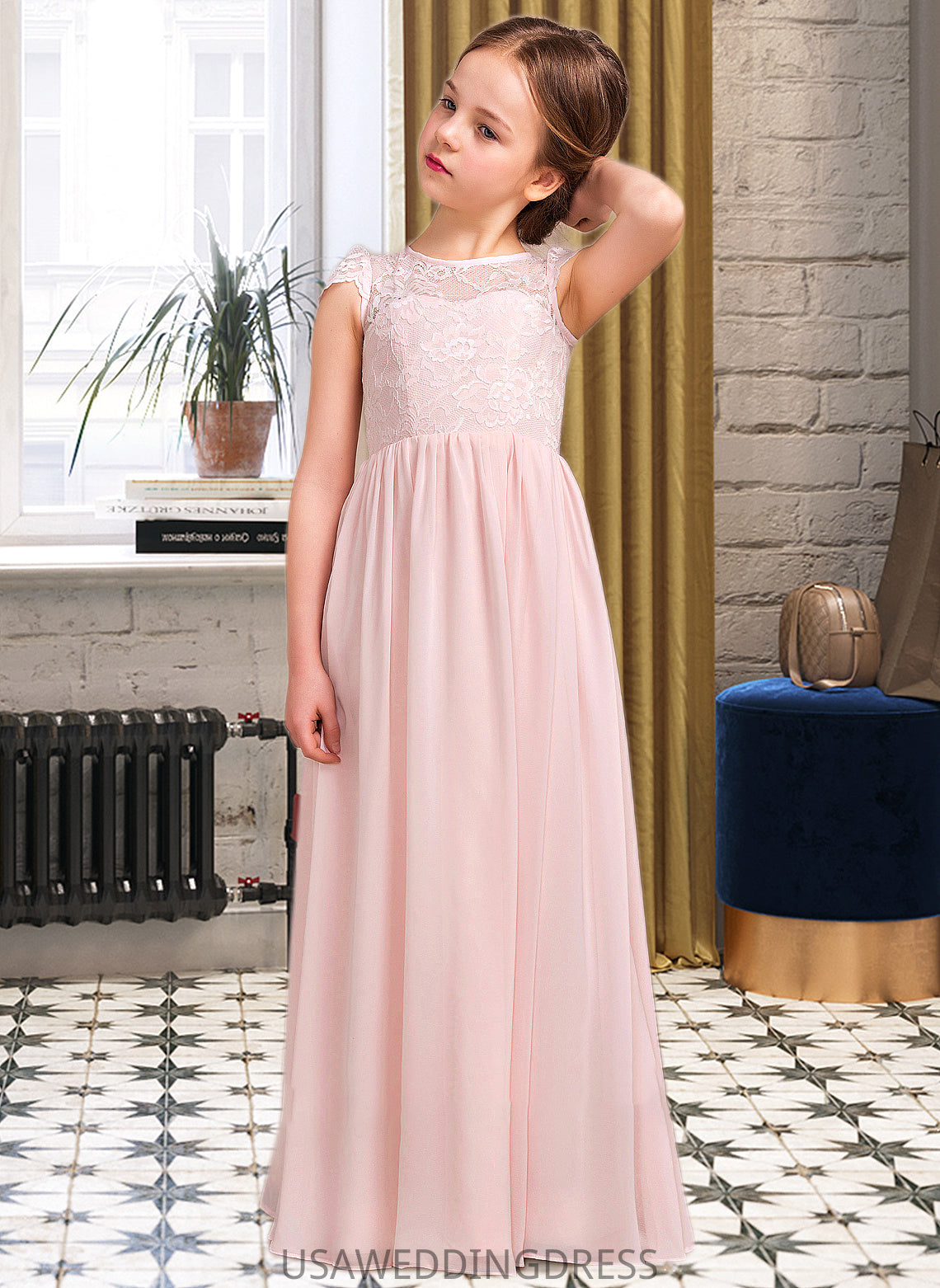 Eloise A-LineScoopNeckFloor-LengthChiffonLaceJuniorBridesmaidDress#81155 DSP0013502